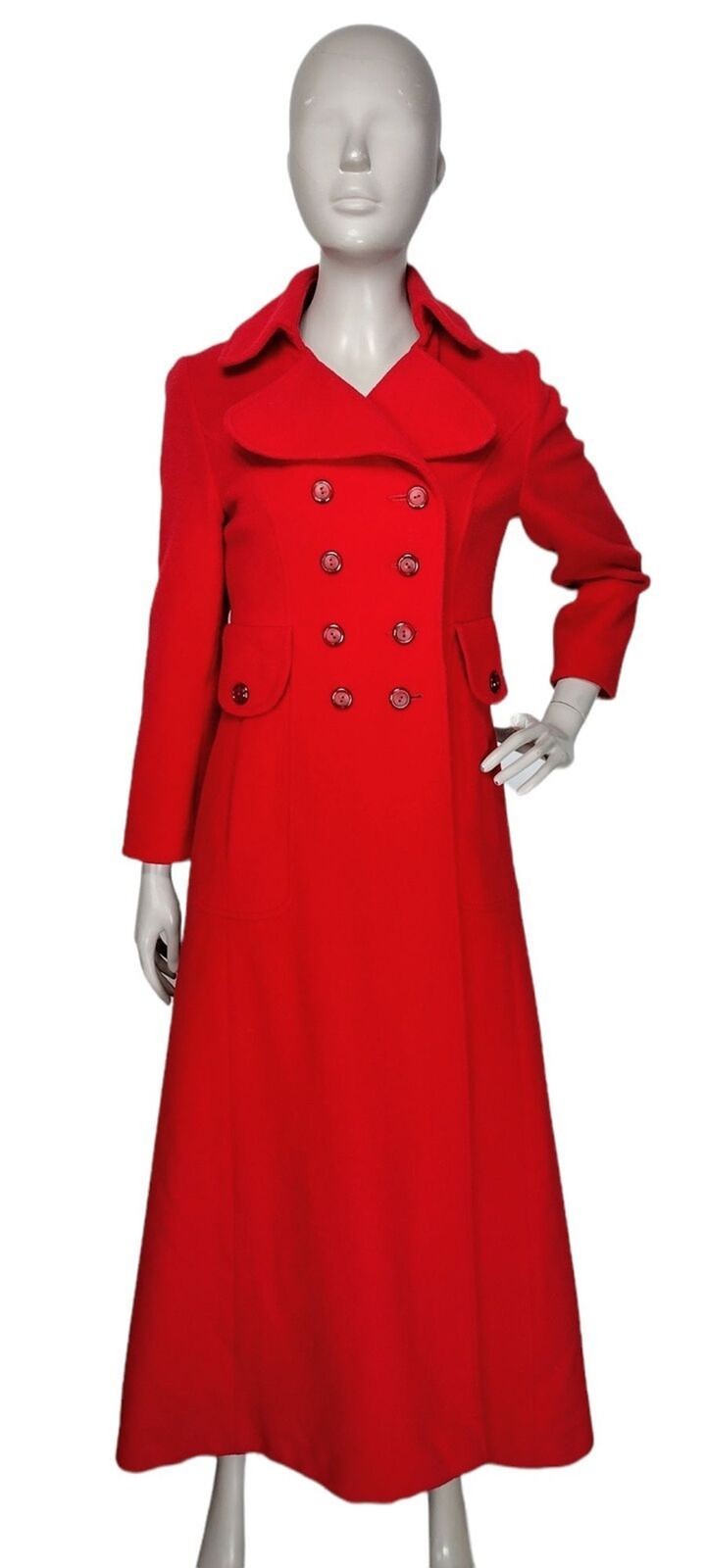 VTG 60s 70s Edwardian Gothic Red Wool Double-Breasted Long Swing Coat XS/S/M
