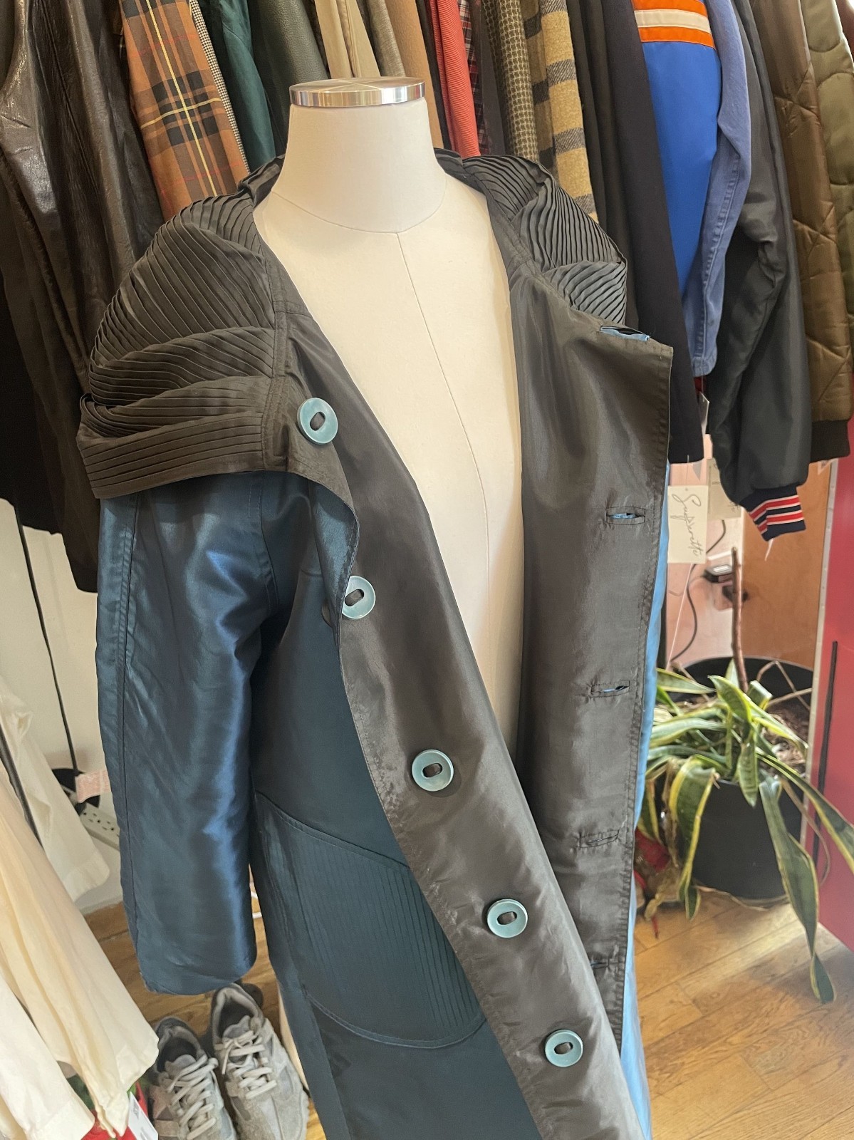 *Reversible* Blue and Black Windbreaker material long trench with pleated hood—M