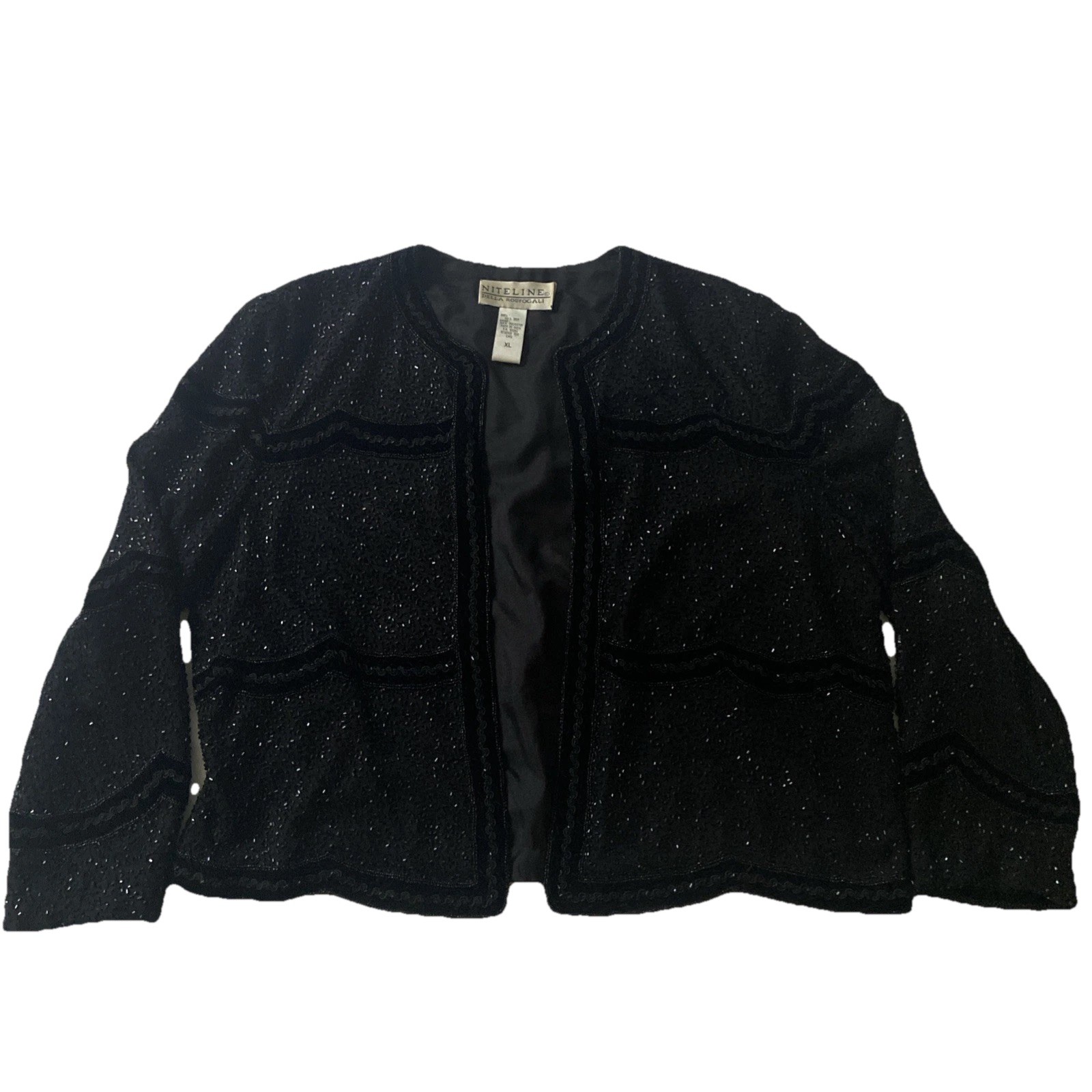 Jacket Vintage 80s NITELINE By Della Roufogali Black Beaded Sequin 100% Silk XL