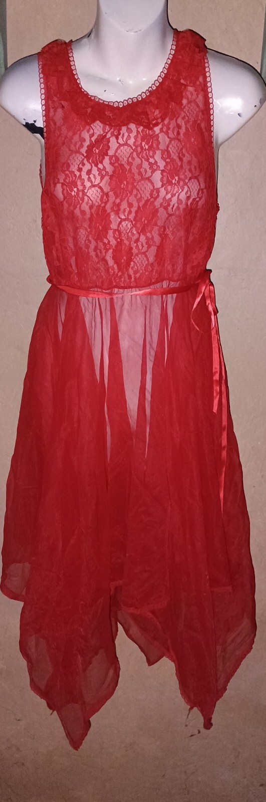 Vintage Spotlight Nightgown Sheer Nylon Chiffon Red Handkerchief Hem Sz S/M