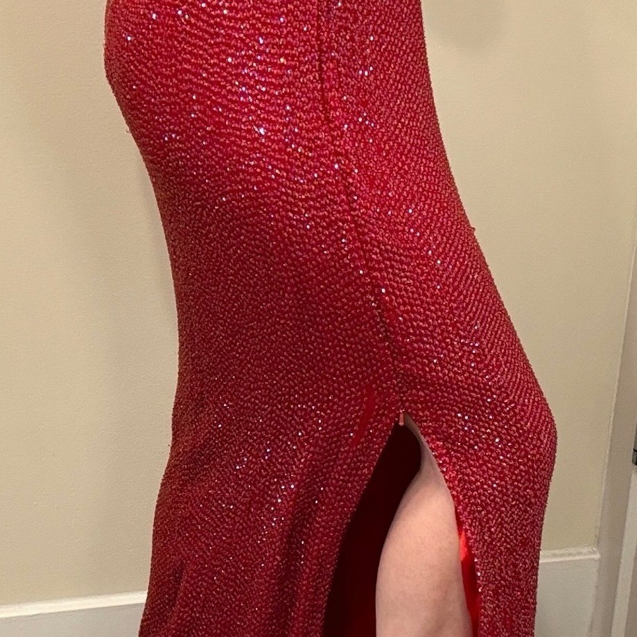 VTG Y2K Scala Red Beaded Silk Strapless Maxi Gown Slit Prom Sz M Jessica Rabbit