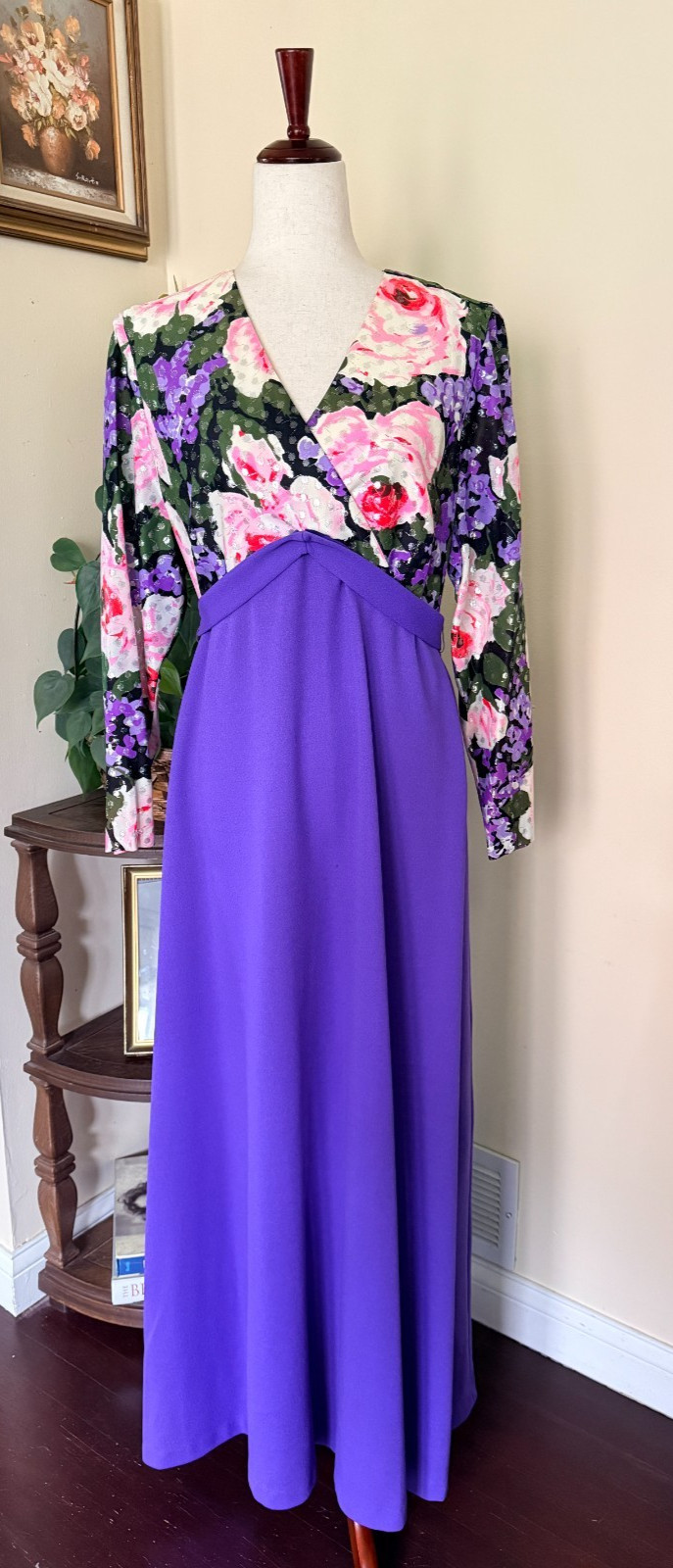 Vintage Purple Floral Hostess Gown Empire Waist Maxi Dress Silver Lurex Dots