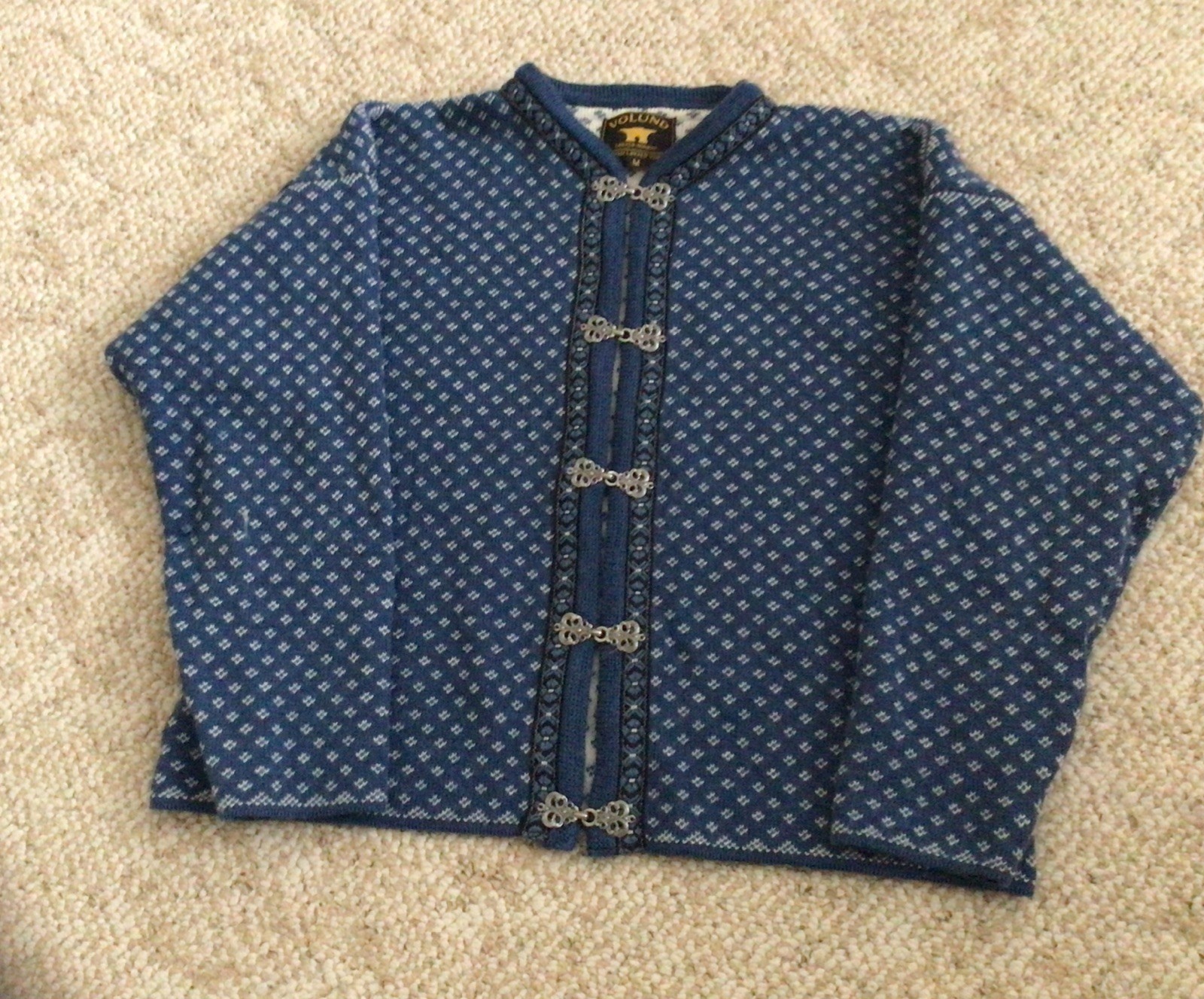 VTG Volund Norway Blue LambsWool Silver Clasp Ski Knit Cardigan Women’s M READ