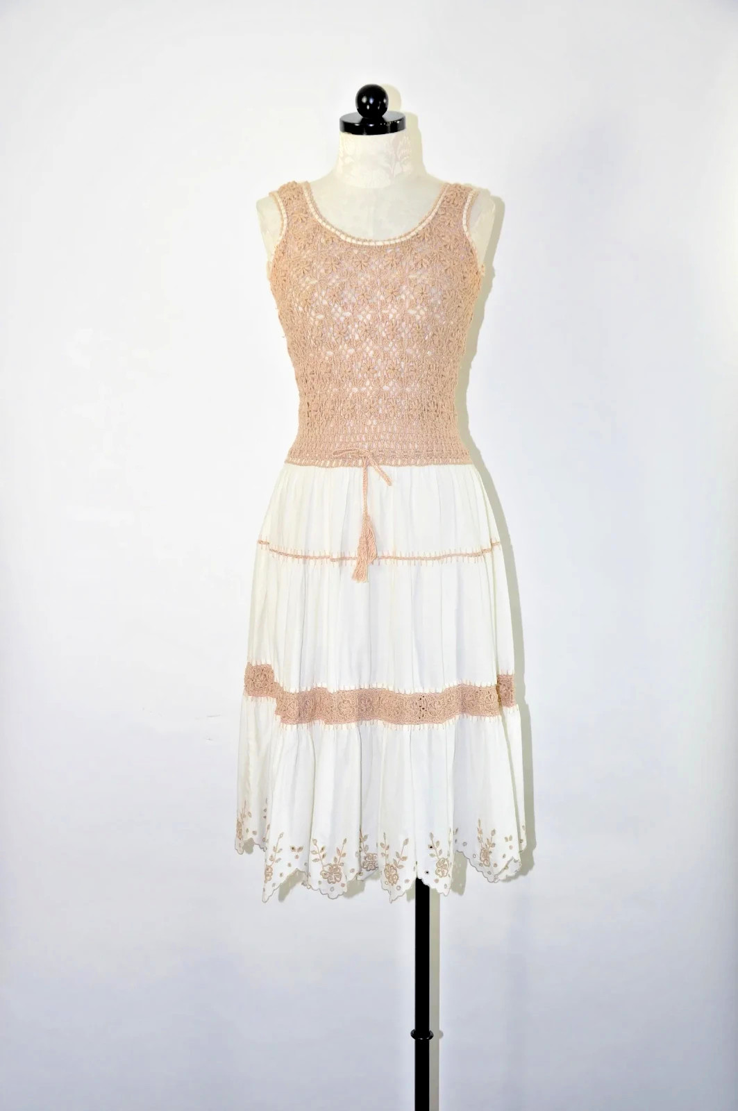60s Beige White Sheer Crochet Knit Strappy Bohemian Peasant Sundress Women S M