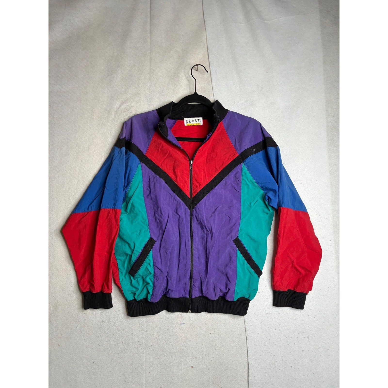 Blast Petites Vintage 80s Colorblock Windbreaker Jacket Red Purple Blue Teal