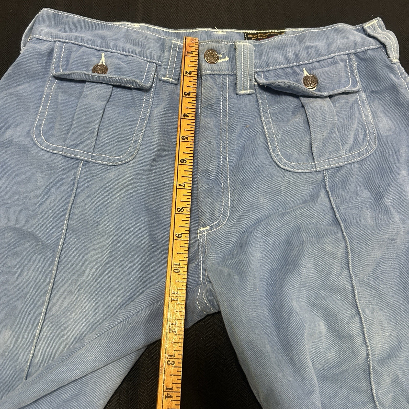 Vtg 70s National Shirt Shops Bell Bottom Flare Jeans Patch Pocket Blue Denim 33