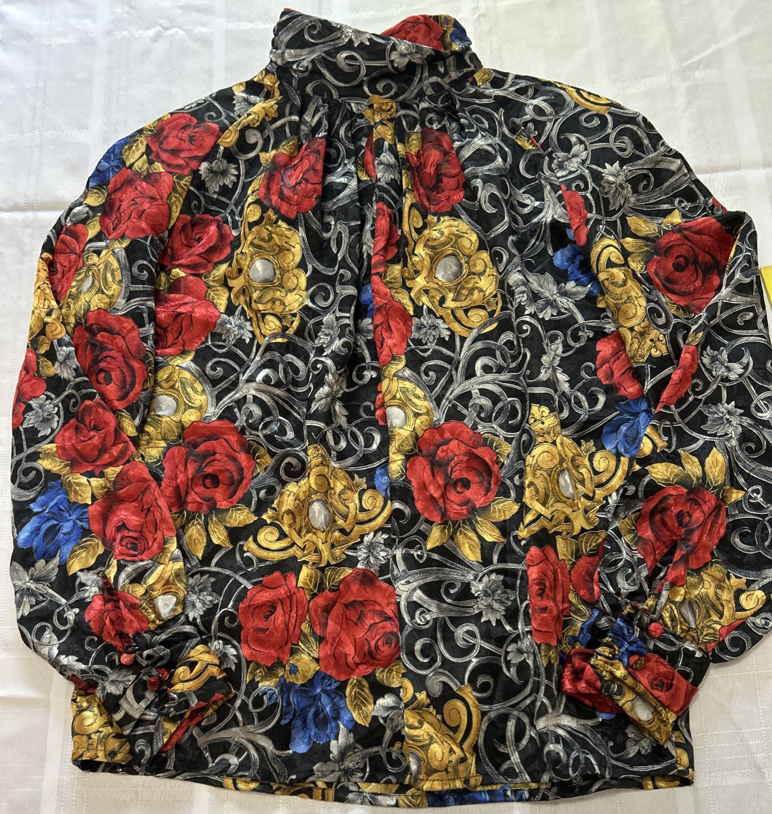 Vintage TESS PARIS MILANO Blouse 8 Mock Long Sleeve gold Red Flowers Colorful