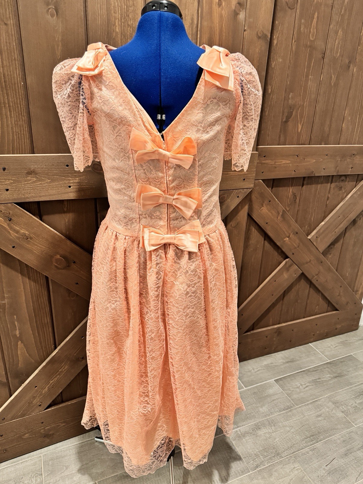 Vtg 80’s Women’s Party Dress Bows Lace Peach Size Medium Fairycore Orange