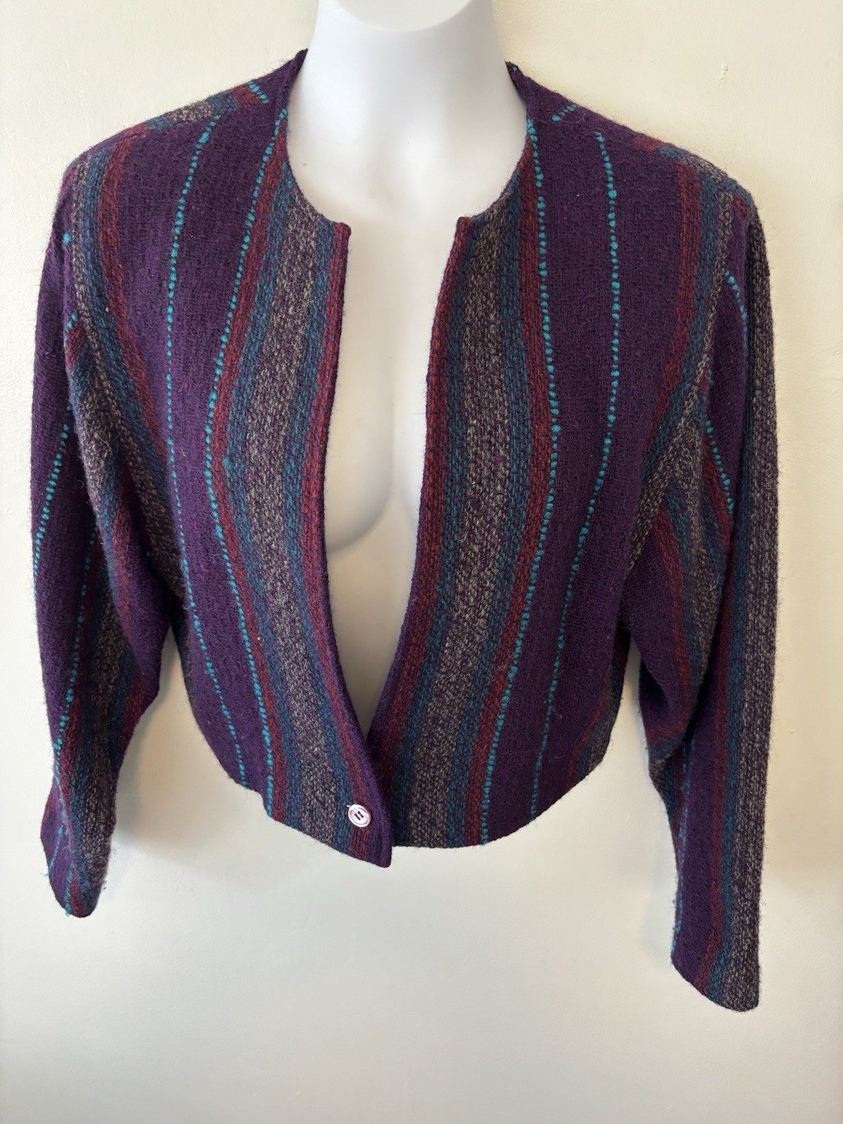 Vintage Fenn Wright Manson Wool Blend Open Jacket Purple Red Blue Cropped