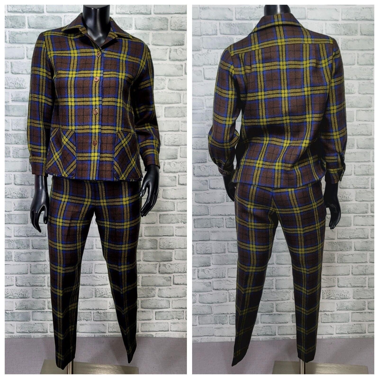 Vintage 60s Kajimatu Japan Wool Plaid Pantsuit Brown Blue Yellow Tartan Mod Set