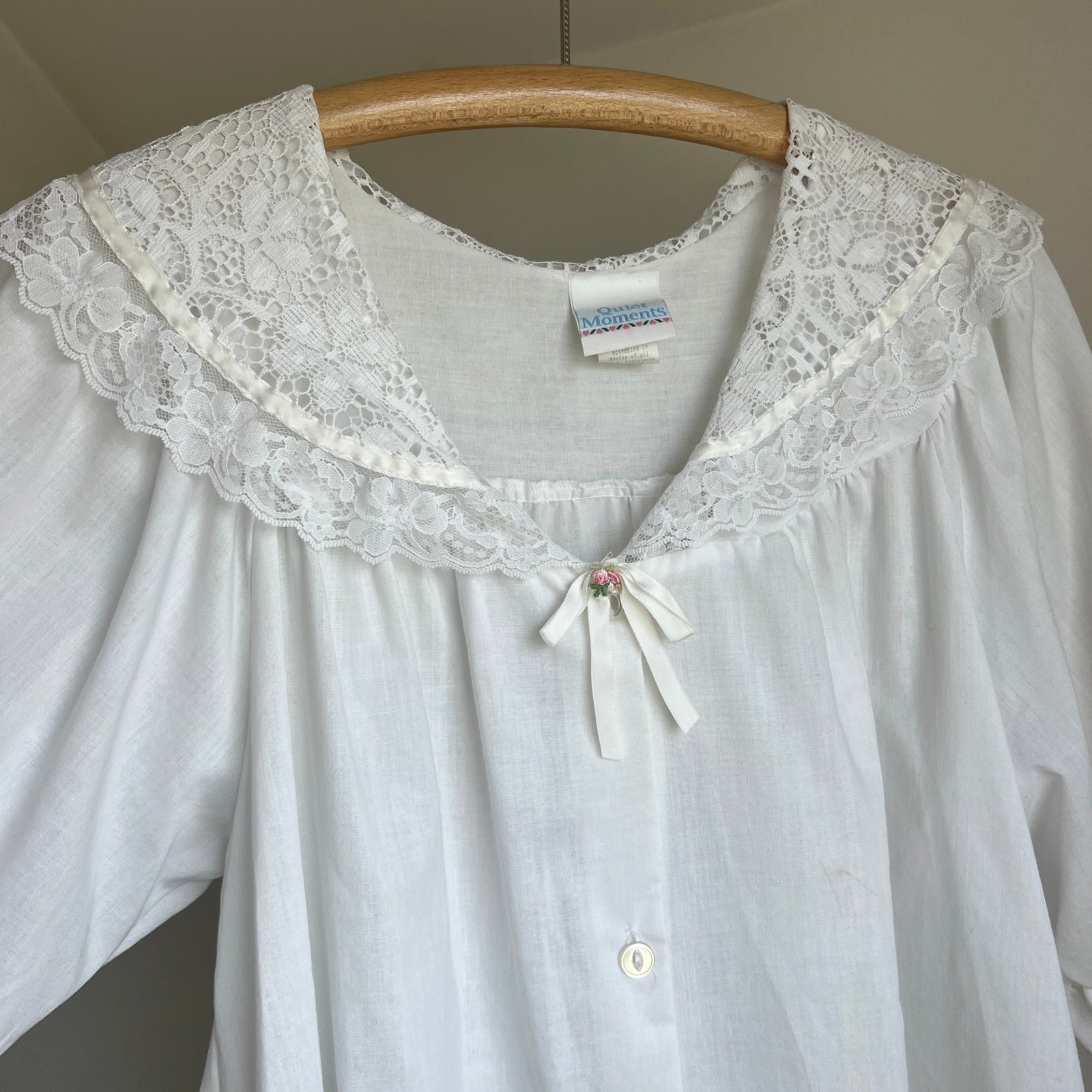 Vintage Cotton Blend Nightgown Medium White Lace Button Front Cottagecore Dress