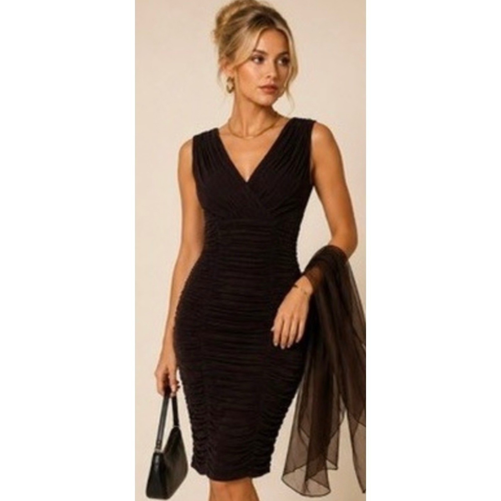 Vintage 90’s Tadashi Women’s Brown Ruched Bodycon Dress V-Neck Cocktail SizeXS
