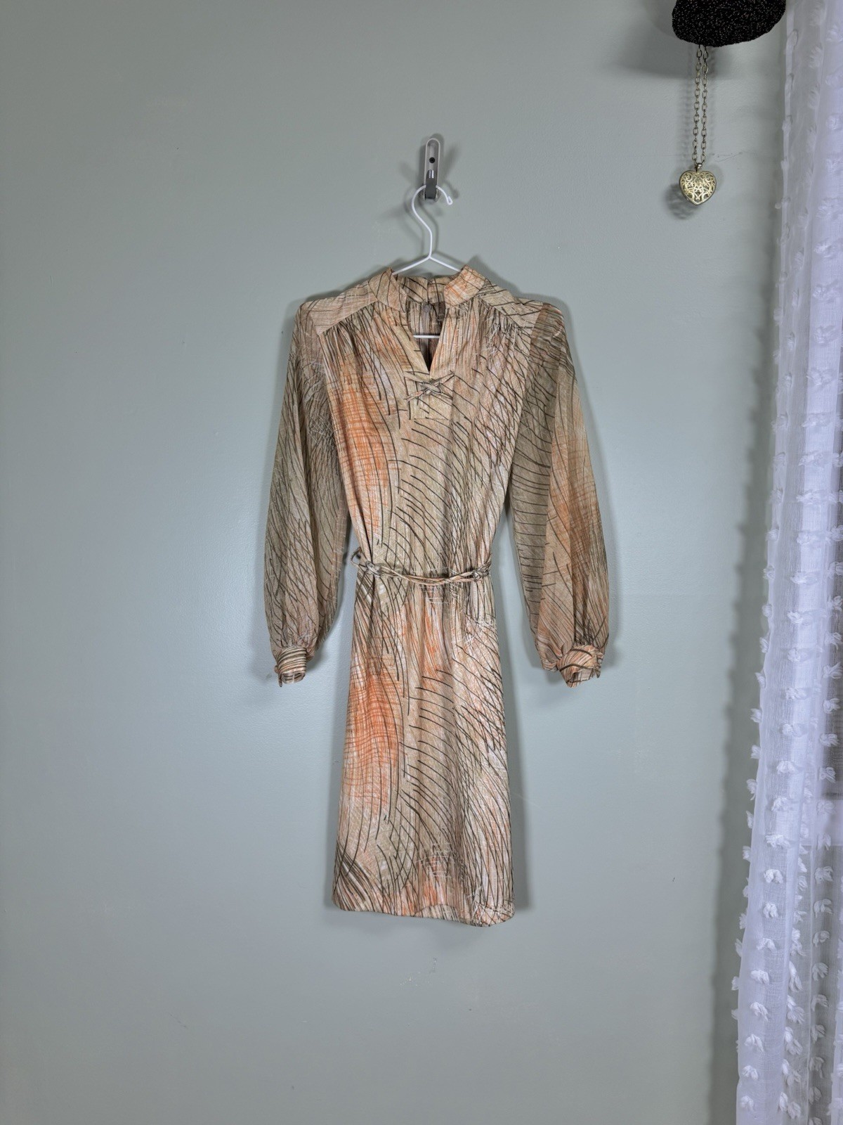 Vintage 1970s Abstract Print Tie Waist Dress | Long Sleeve Earth Tone Midi