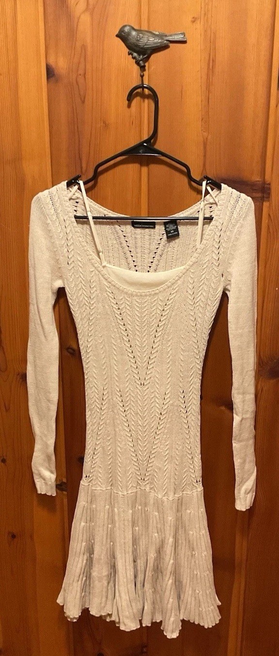 VTG 90s Y2K Moda International Womens Long Sleeve Cream Knit Dress W/ Lining XS