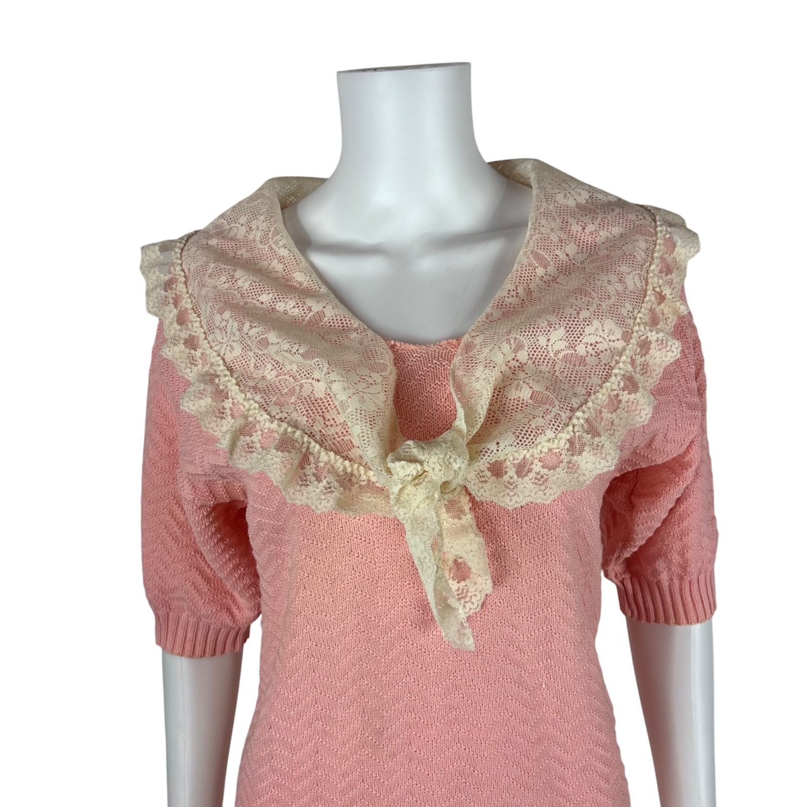 Vintage 80s Pink Sweater Womens Small Cream Lace Sailor Collar Romantic Knit Top