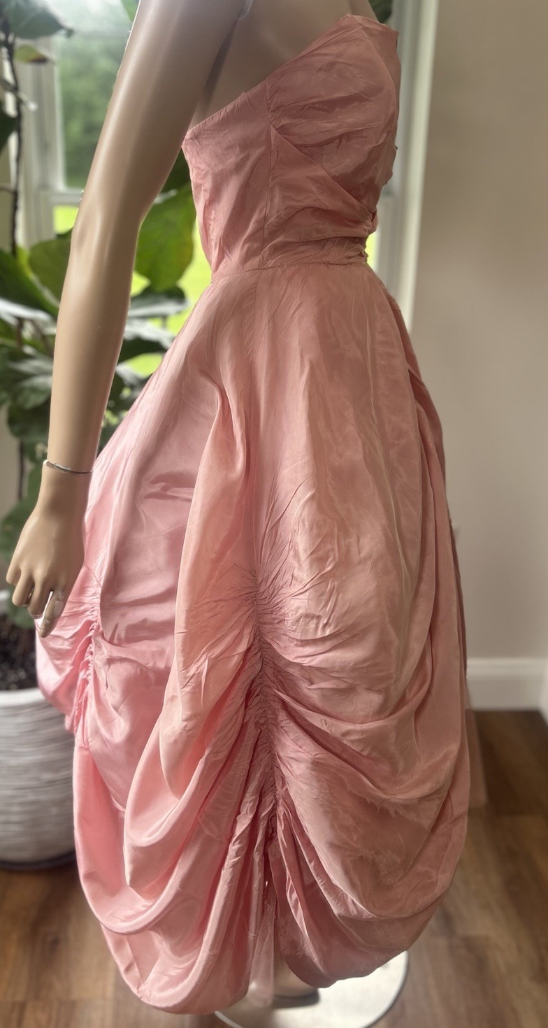 Vintage 1950s Will Steinman Rose Pink Cupcake Satin Silky Prom Gown Dress
