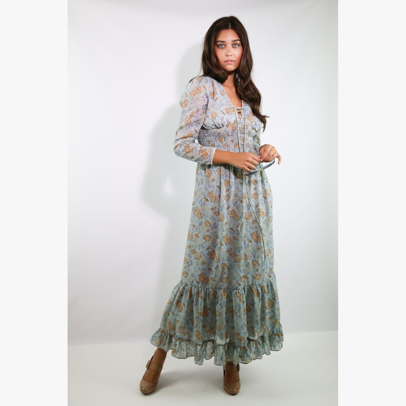 Vintage 1970’s Blue & Brown Floral Prairie Dress Maxi Size 6