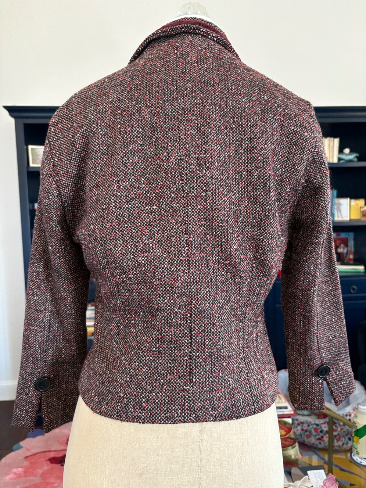 Vintage Rampage Burgundy Wine Tweed Cropped Blazer with Velvet Trim size S