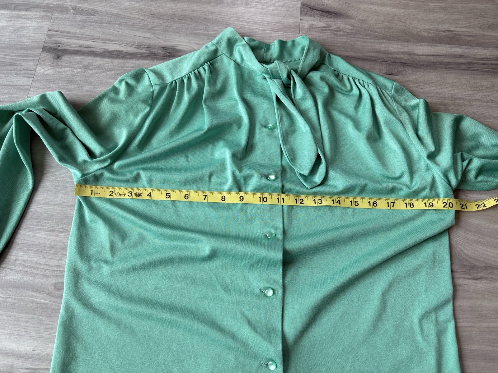 Vintage Handmade Pussy Bow Blouse Button Front Long Sleeve Aqua Green Size M