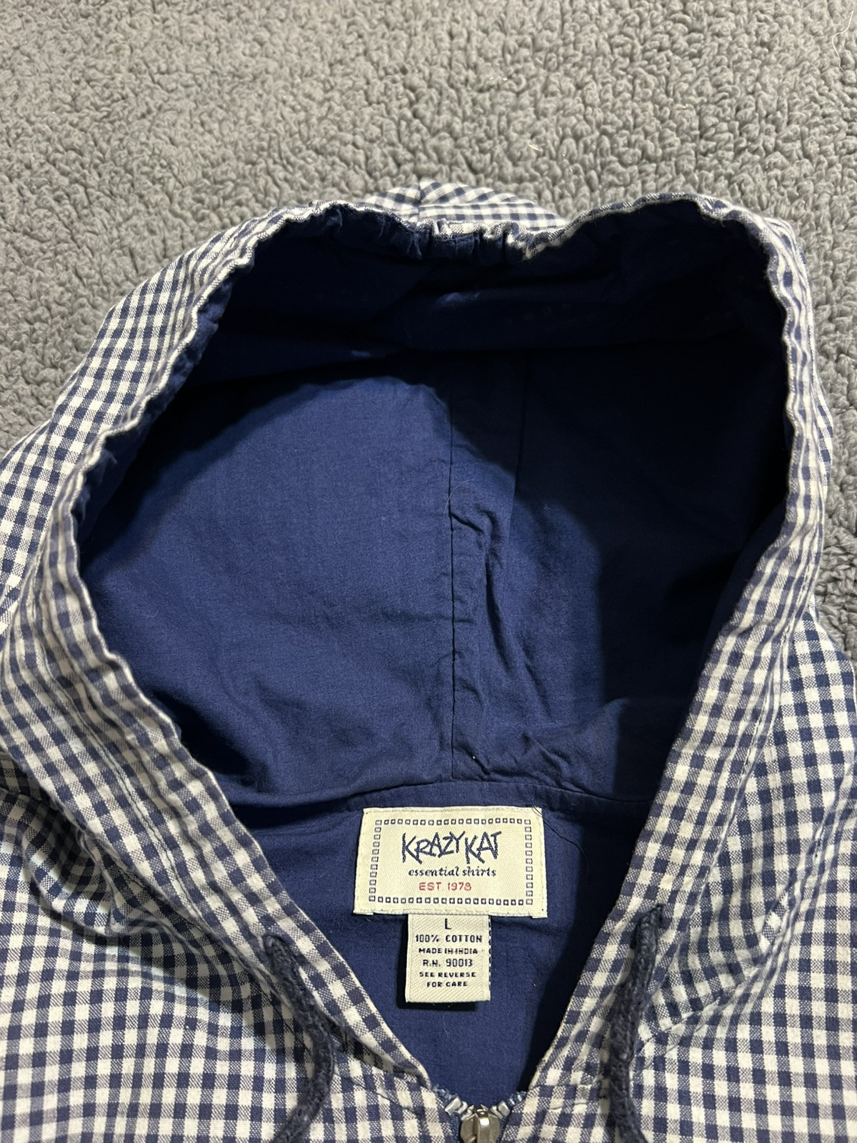 Vintage Krazy Kat Blue Check Top With Hood Kangaroo Pocket Sz Large