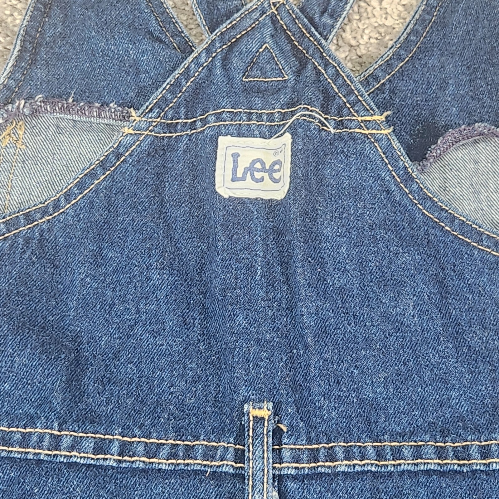 VTG Lee Denim Overall Dress Sz Medium 7/8 Dark Wash Button Front Bib USA 70s 80s
