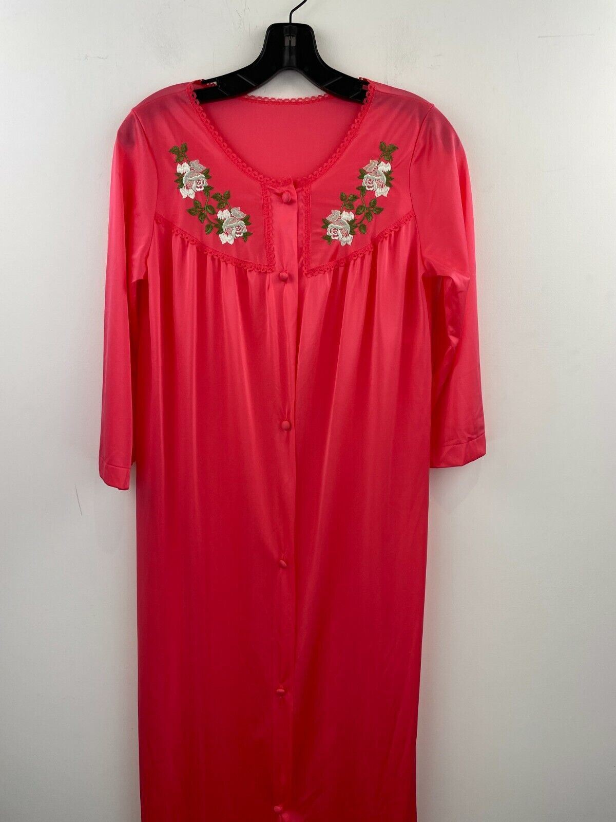 Vtg Lorraine Nylon Satin Nightgown Small Pink Floral Embroidered Long B41-08