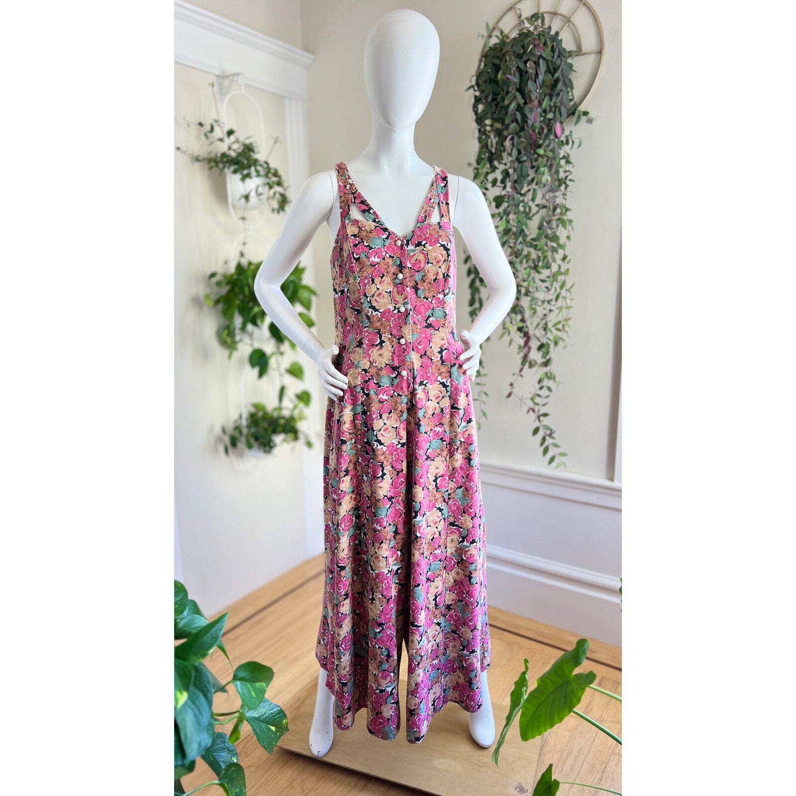 Vintage 1990s Jumpsuit 90s Floral Print Wide Leg Palazzo Romper Pink Cotton