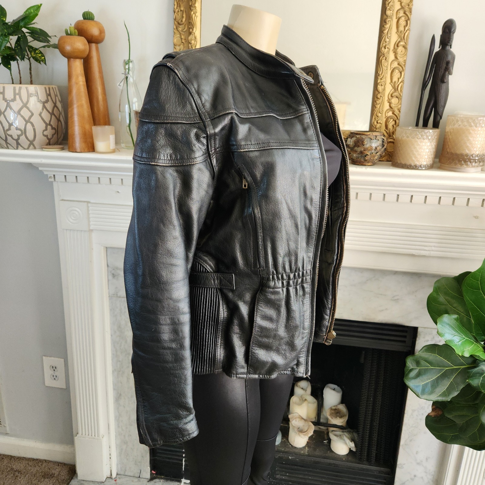 Vintage 80s Black Leather Moto Jacket Racing Biker Skull Size Medium Rocker