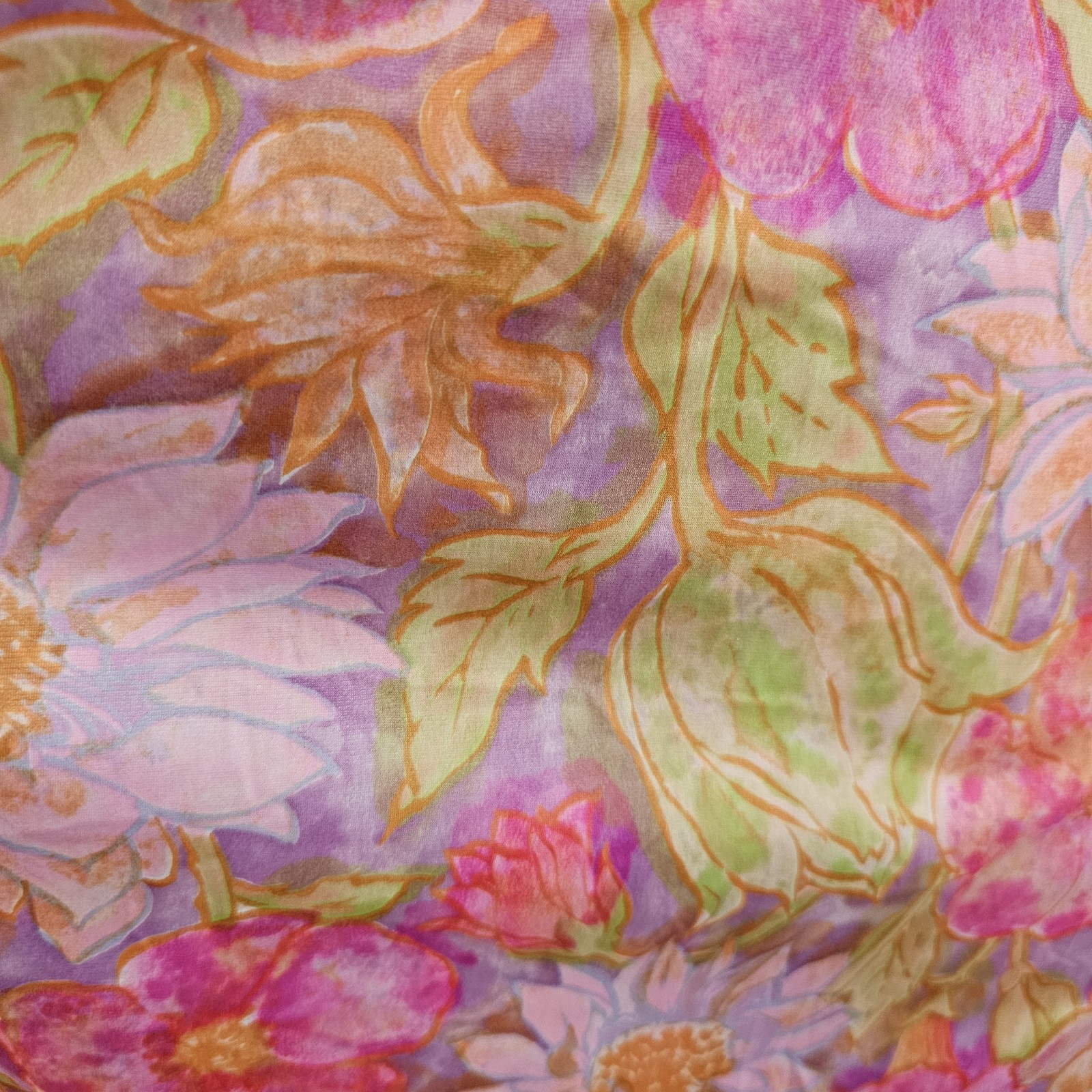 Vintage 1960’s Robe Lingerie Pajamas Pink Purple Green Floral Mod Buttons Collar
