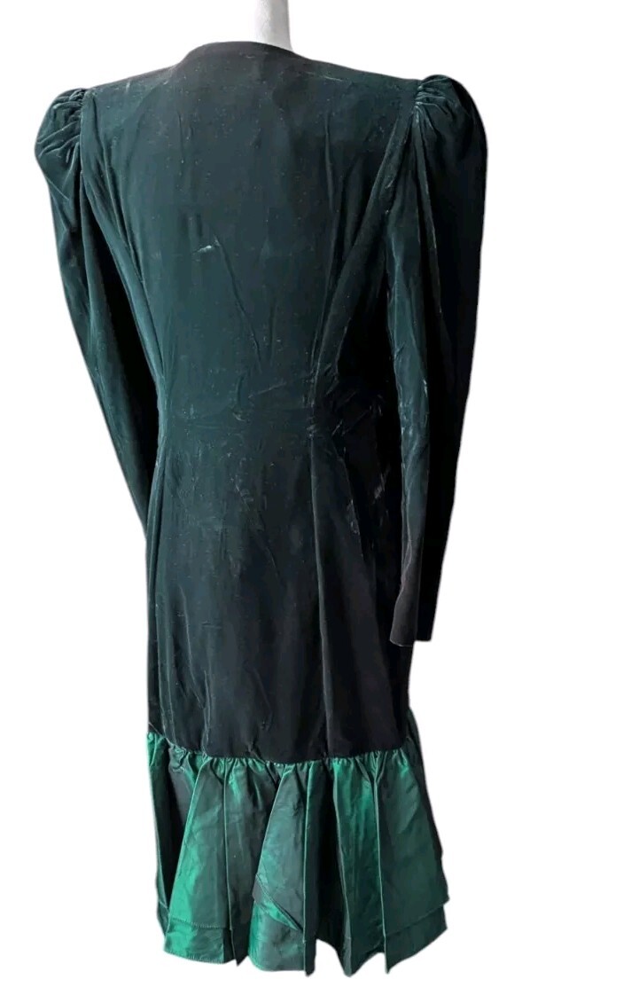 Vtg 80s En Francais Huey Waltzer Emerald Velvet Taffeta Dress Rhinestone Peplum
