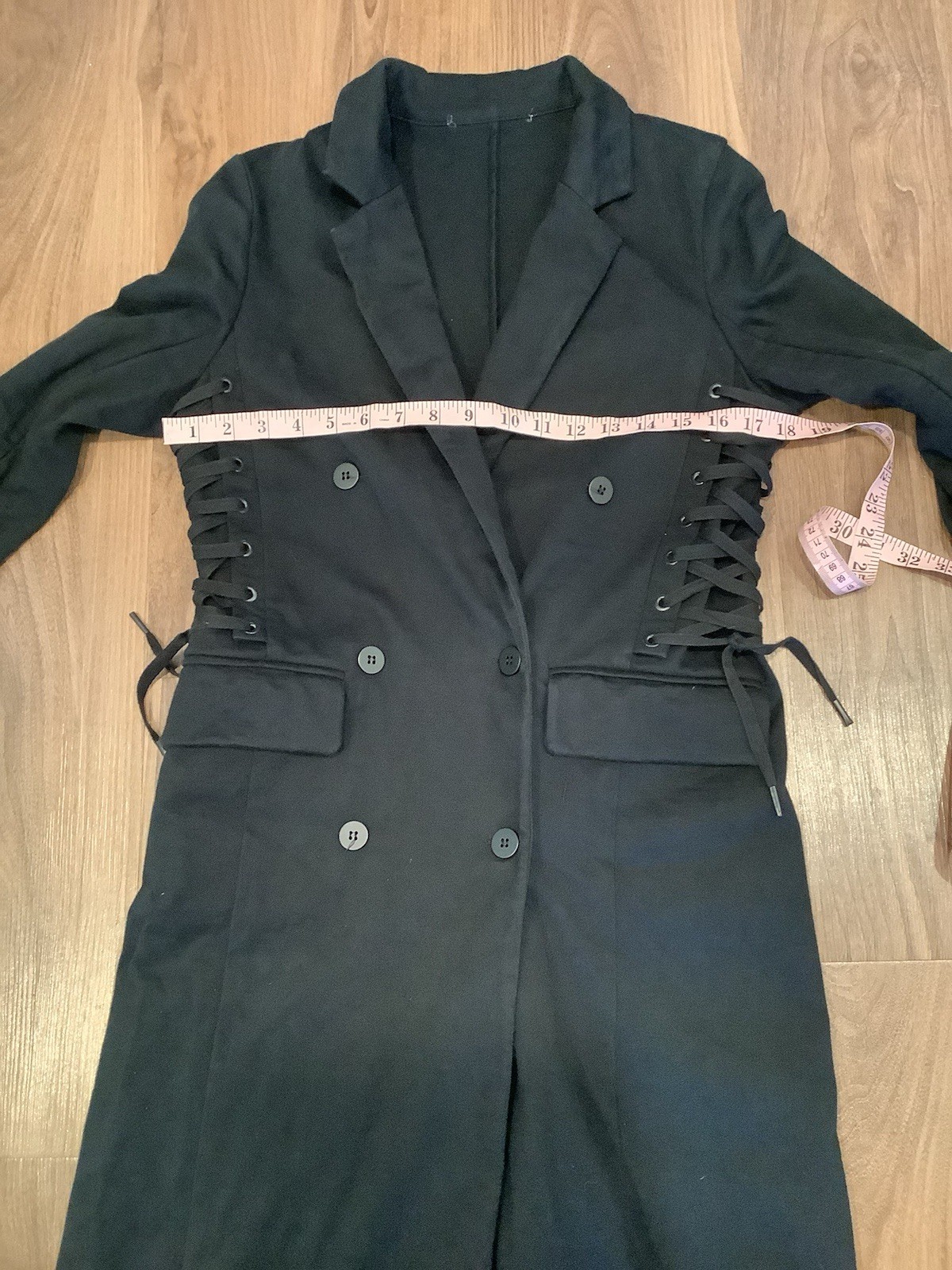 Black Corset Lace Up Sides Split Sleeves Dbl. Breasted Long Goth Coat S/M