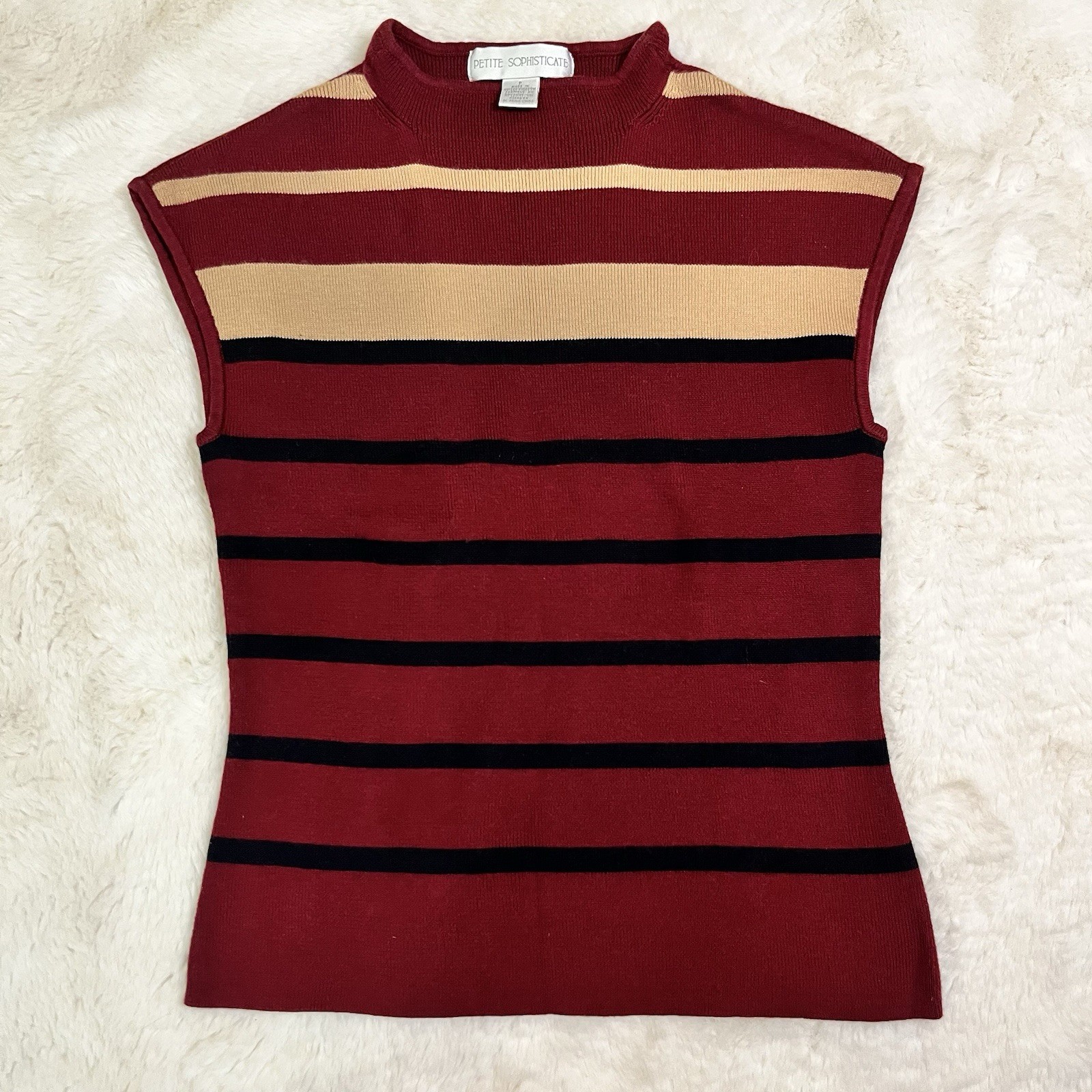 Petite Sophisticate Striped Sweater Vest Size P Burgundy Gold Black vintage