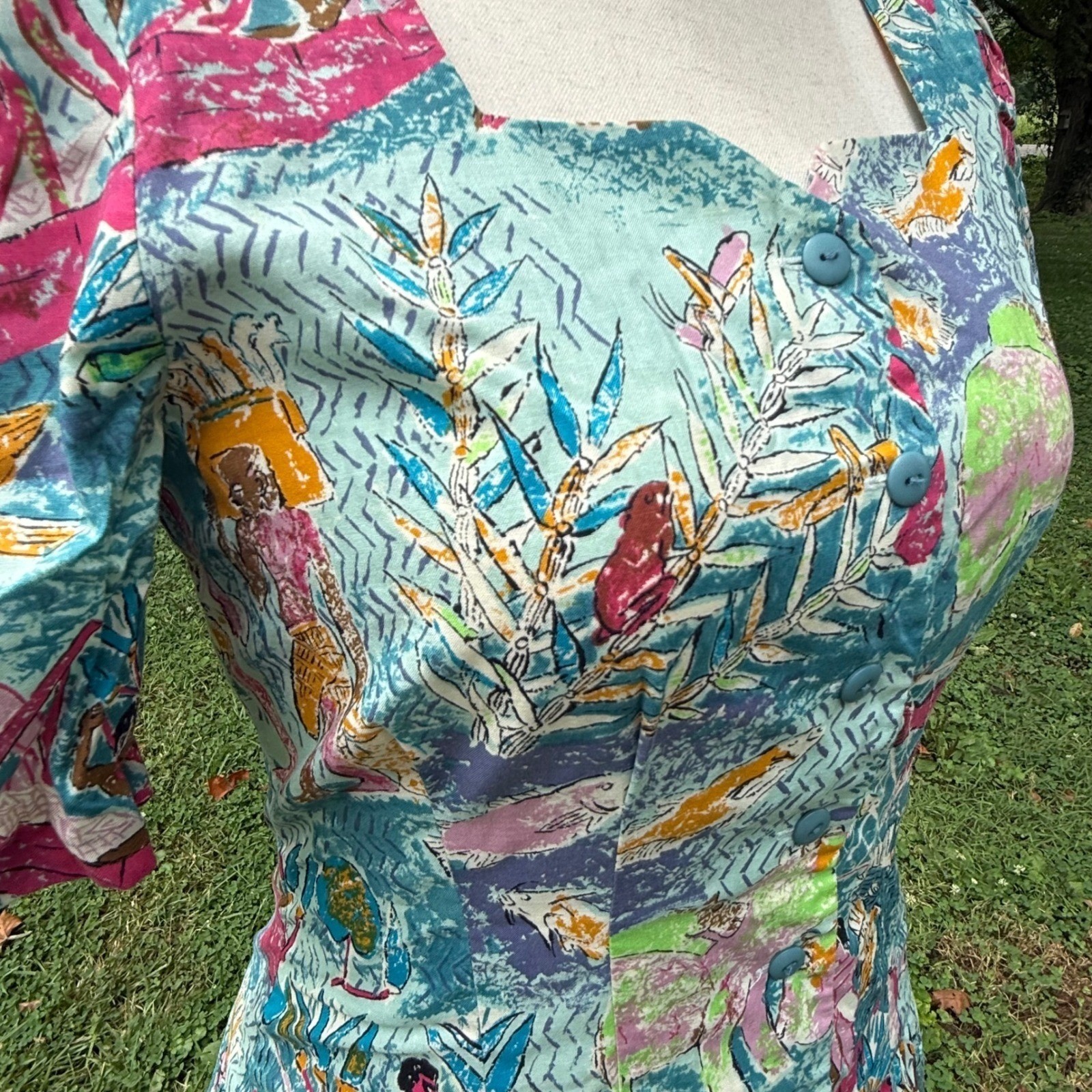 VTG Jane Schaffhausen Belle France Success Tropical Print Dress 10 Whimsy 80s