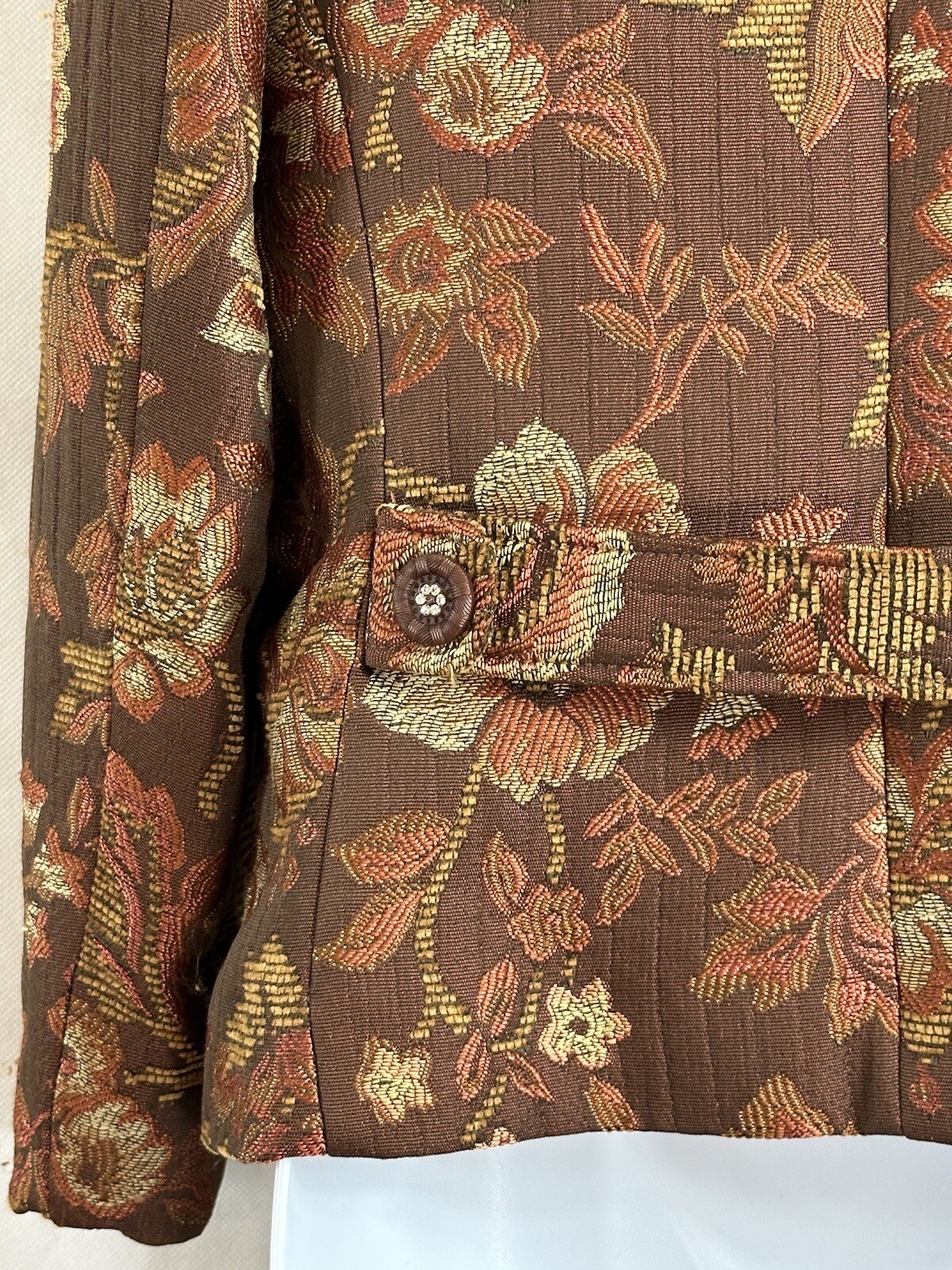 Vintage Ninety Sz 4 Floral Tapestry Woven Blazer Jacket Faux Diamond Buttons Pkt