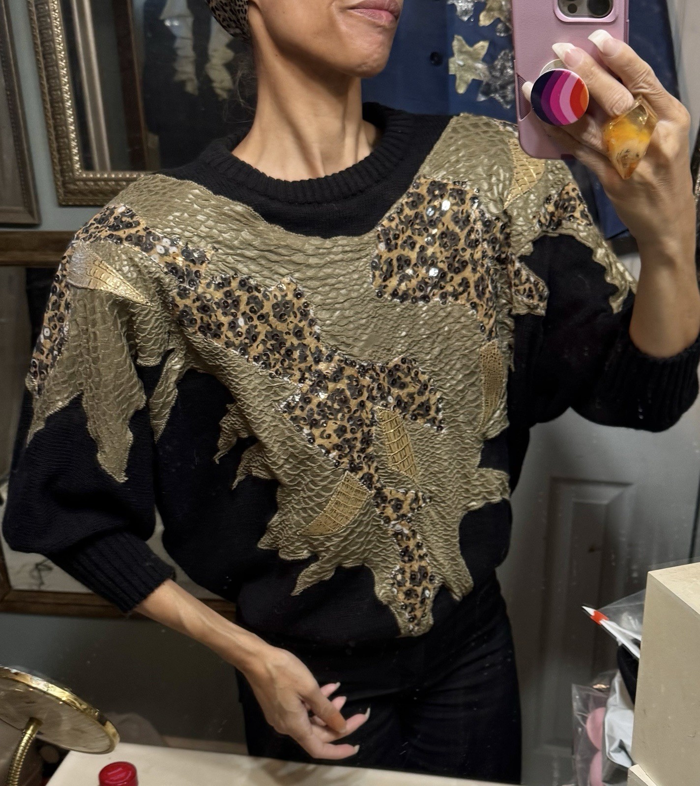 Vtg Nina Dinarsky Israel Domallo Cocoon Leather Sweater 80s Diolen Shoulder Pads
