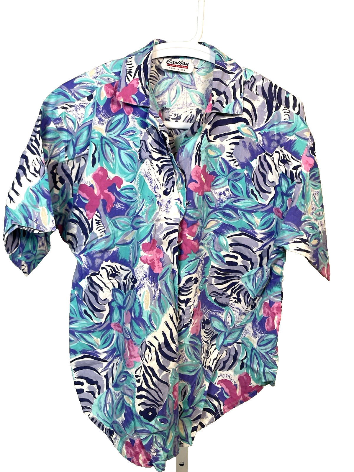 Vintage Caribou C’mon Sportswear Women’s Blouse Floral Zebra Print USA Medium