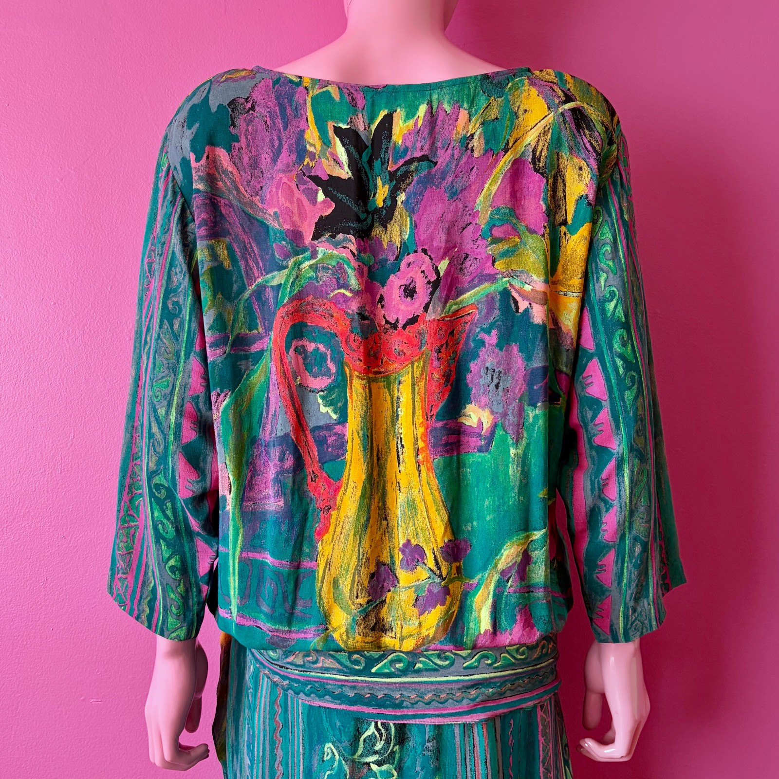 Vintage 80s 8 Midi Dress Dropwaist Teal Multi Abstract Floral Sash Long Sleeves