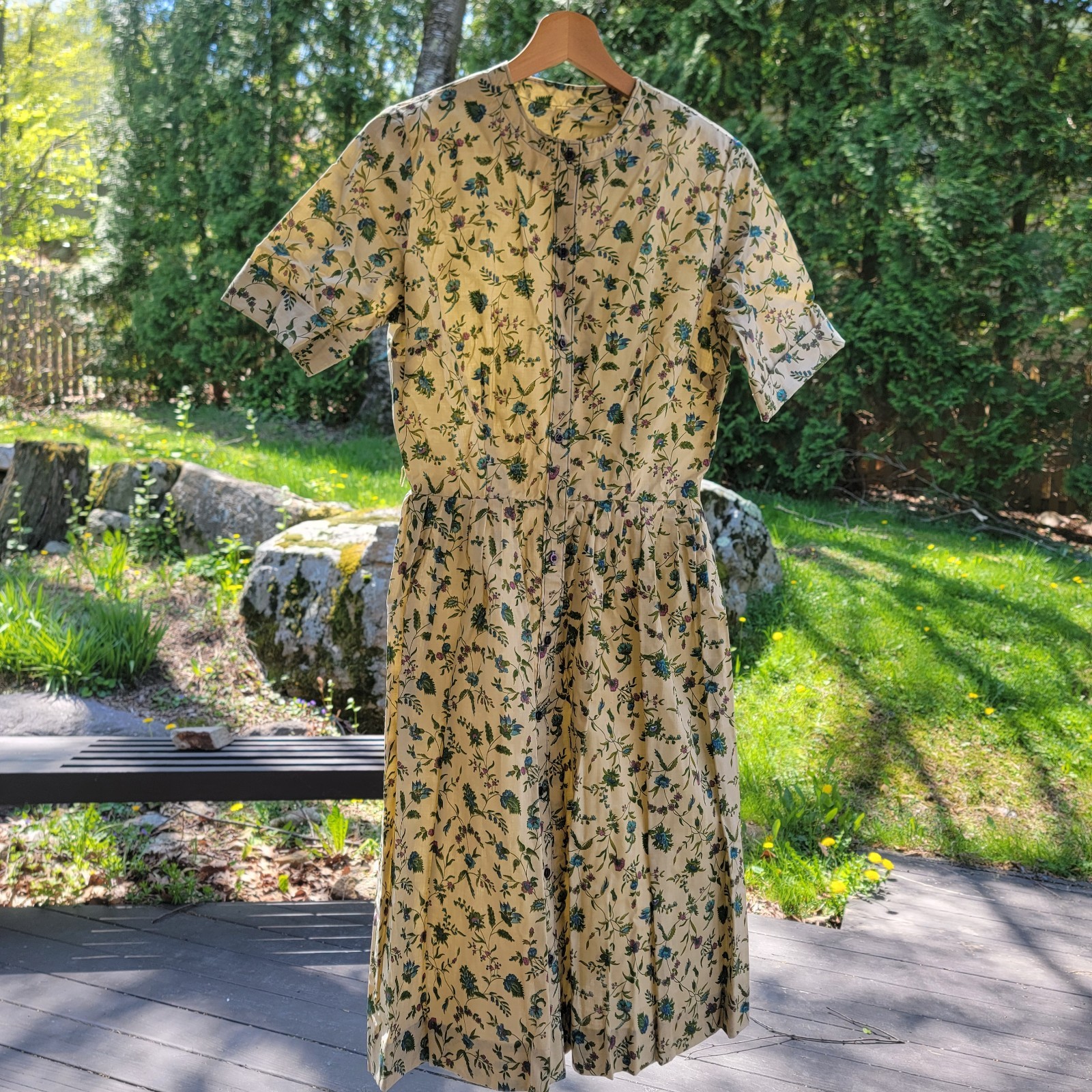 Vintage 70s Floral Dress Shirtwaist Earthy Cottagecore Folk M(8)- No Belt