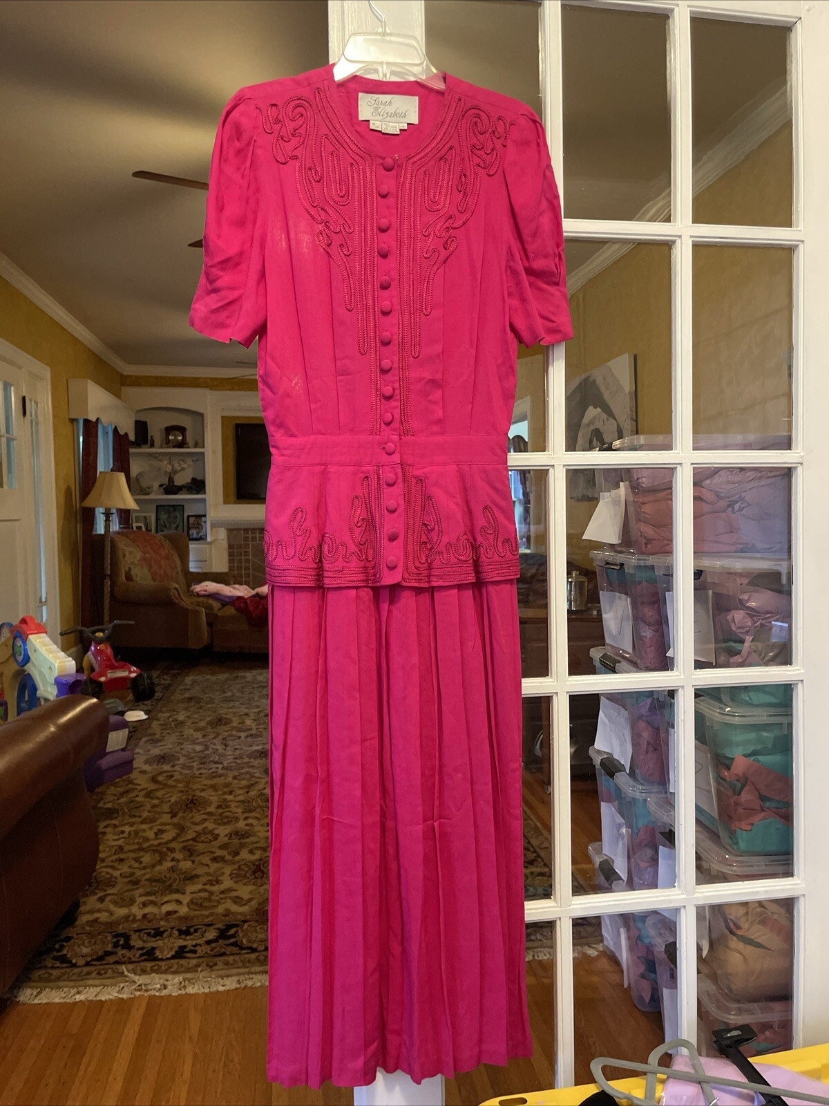 Vtg 6 Sarah Elizabeth Long Dress Pink Cord Detail Covered Buttons Pleated Skirt