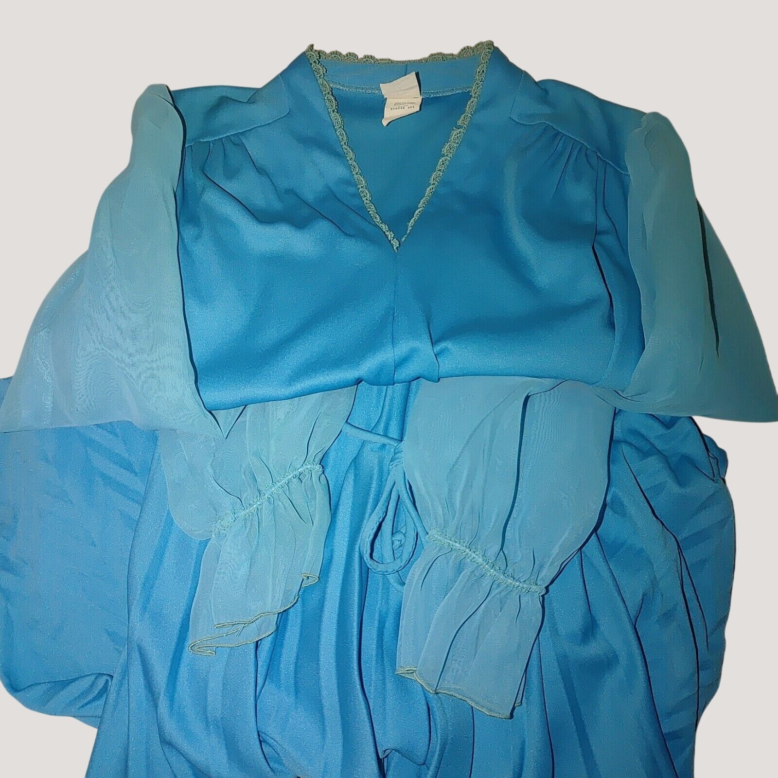 Turquoise Blue Long Sleeve Dress Sz 10 Vintage Sheer Sleeves Pleated Skirt Retro