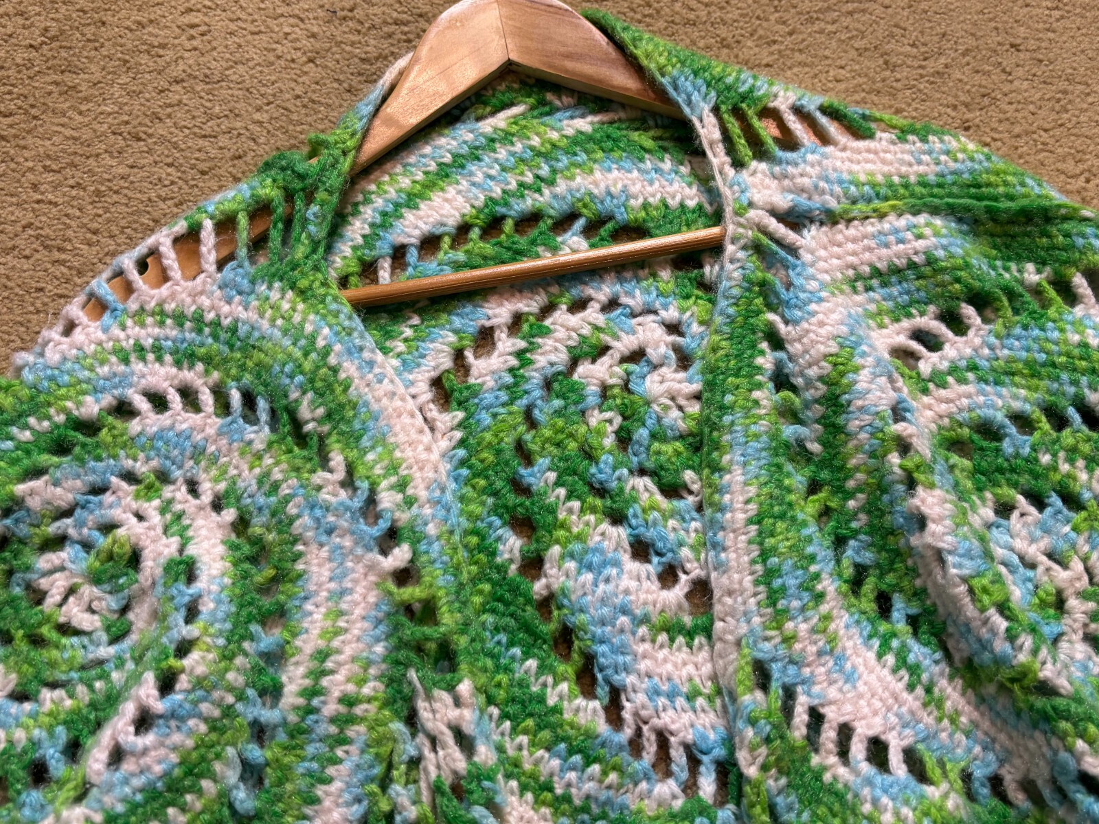 Tie Dye Knit Crochet Fringed Shawl Wrap Poncho Festival Cape Sweater Hippy Green
