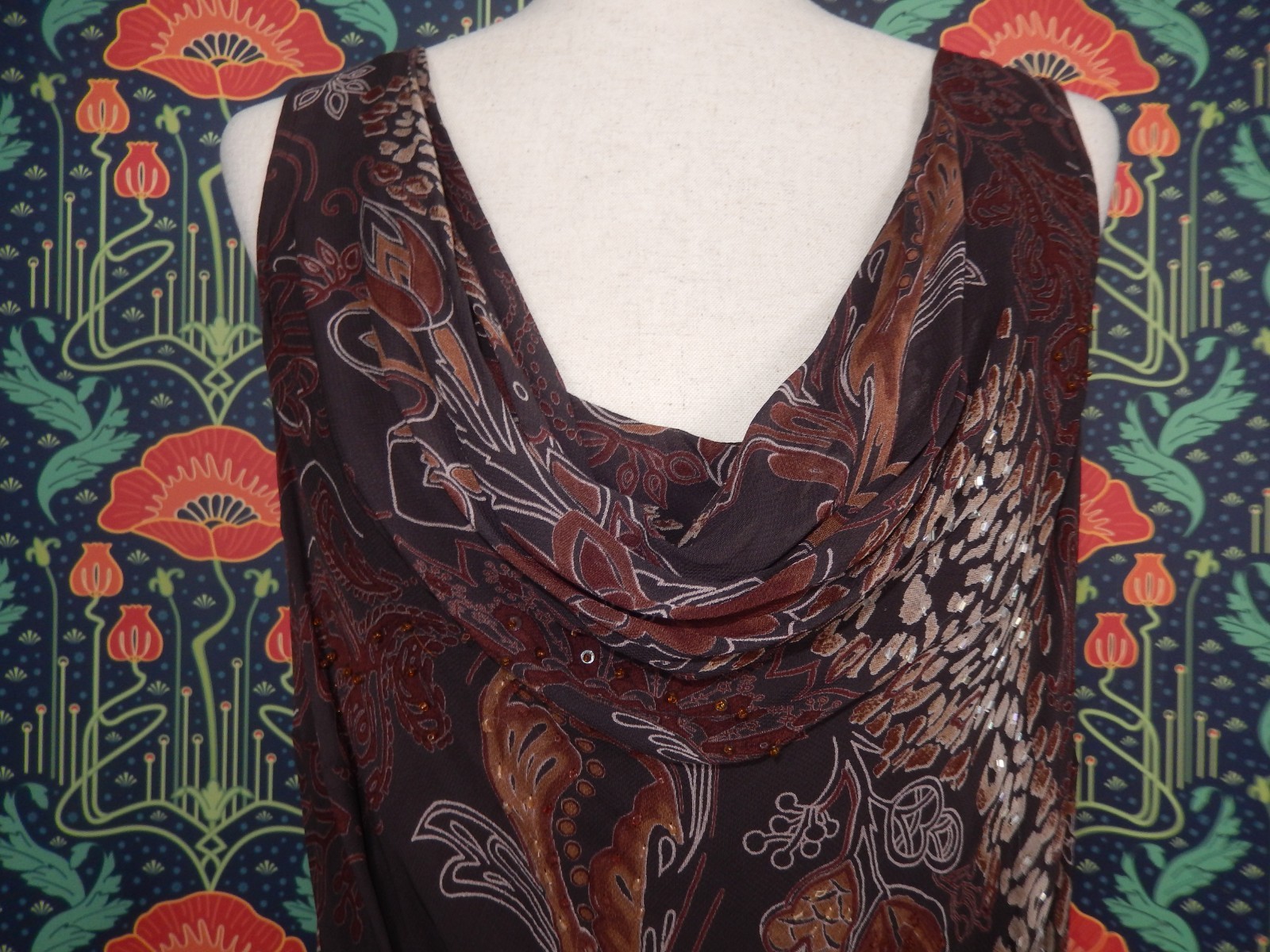 Vintage Y2K Cowl Neck Dark Brown Sequin Beaded Pointy Hem Slip Dress Cocktail