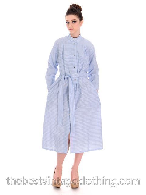 VTG 70s Vuokko Mod Shirt Dress Sky Blue White Stripe Cotton Finland M–L (S)