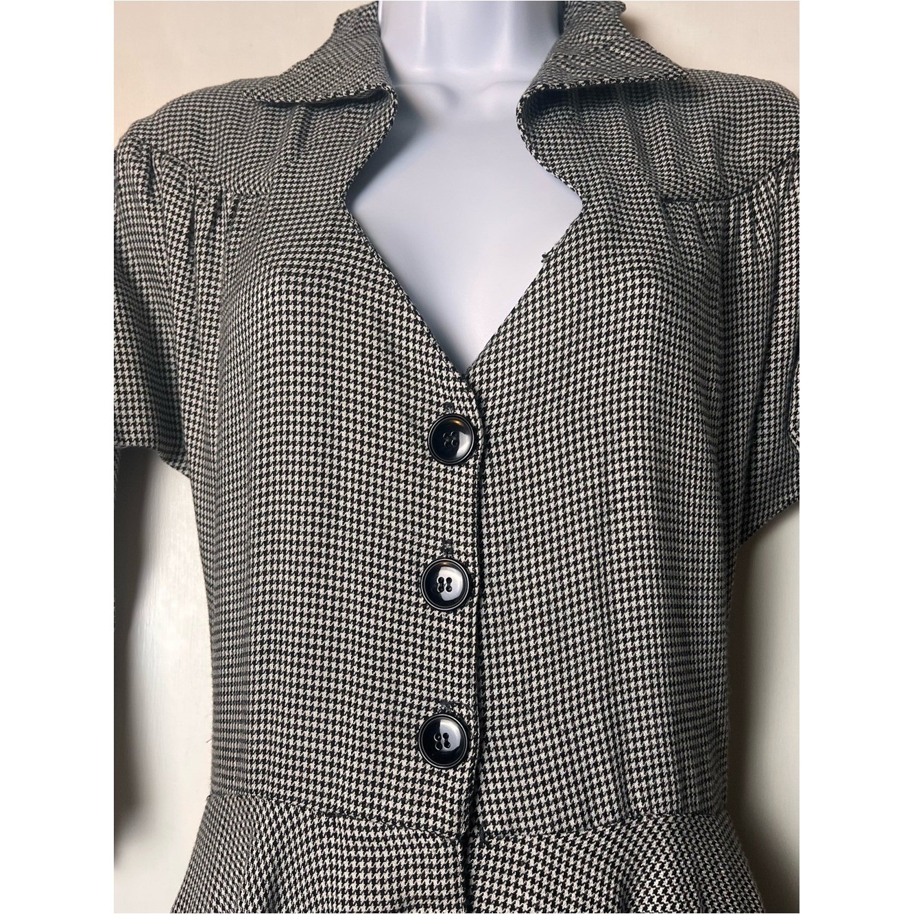 Vintage 70s Womens Houndstooth Shirtwaist Dress Dolman Sleeve Black White Sz S/M