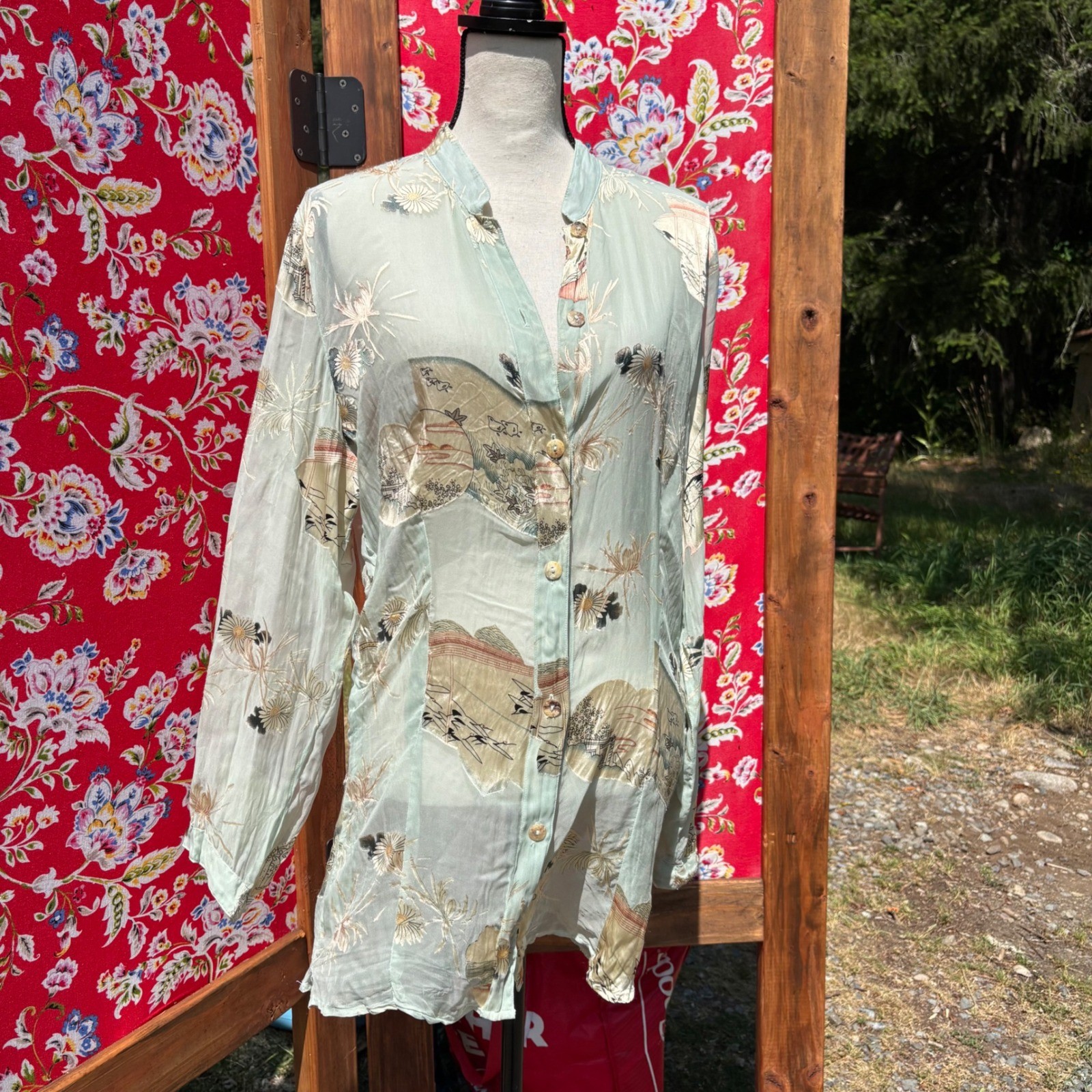 Vintage Semi Sheer Beachy Coastal Button Front Boho Blouse Size L