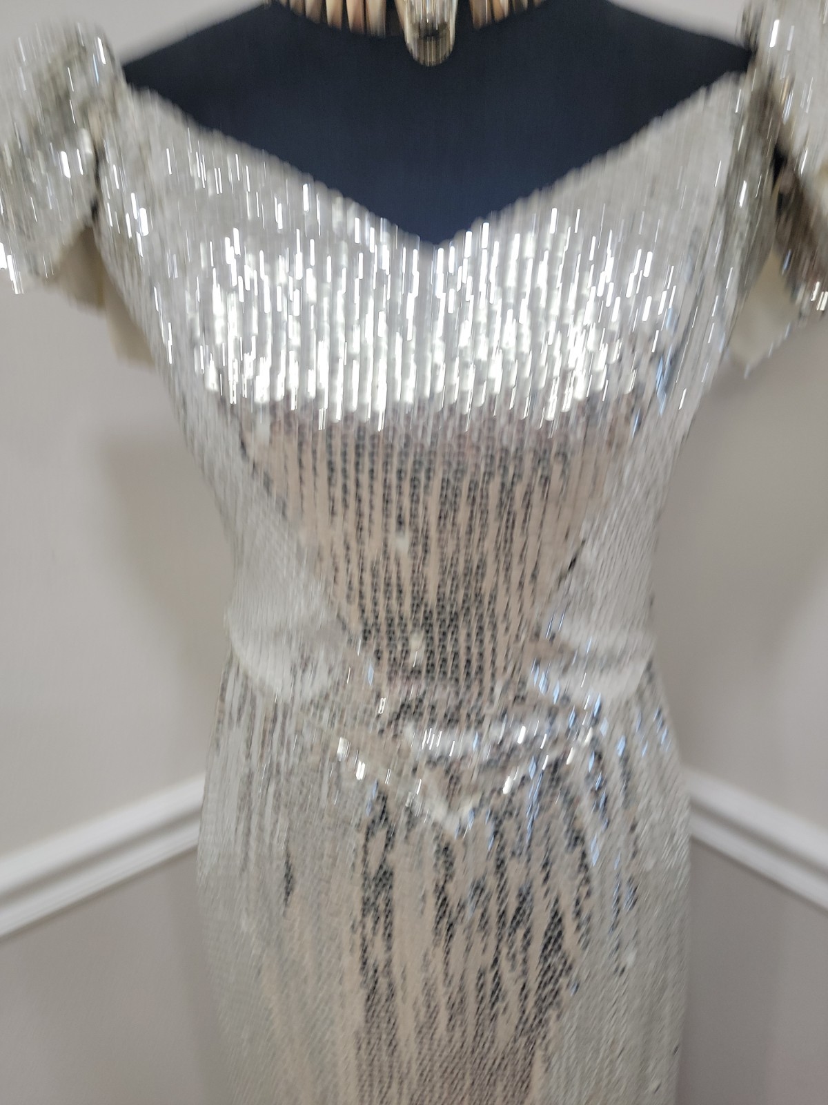 VTG 80s Alice Designs Silver Sequin Beaded Evening Gown Formal Prom Dress