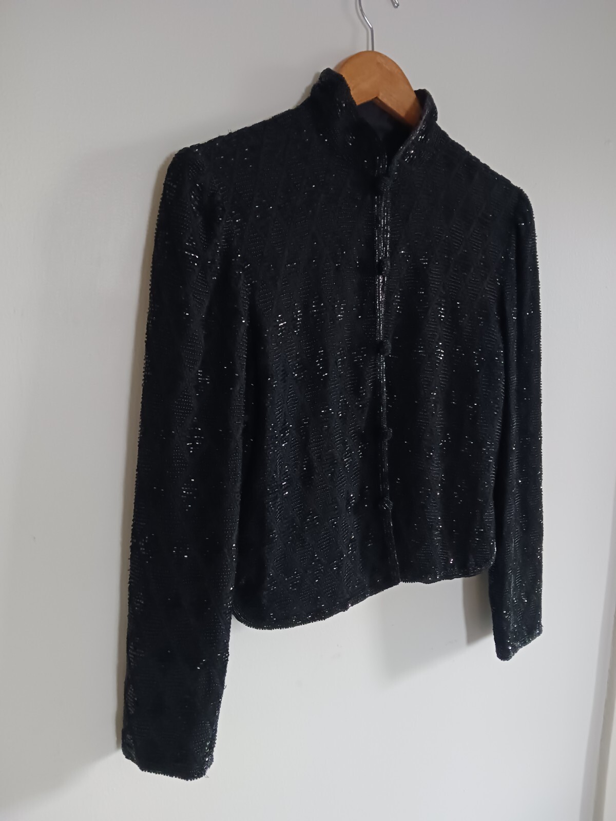 VTG Black Beaded Jacket Embroidered Diamond Pattern High Quality Small