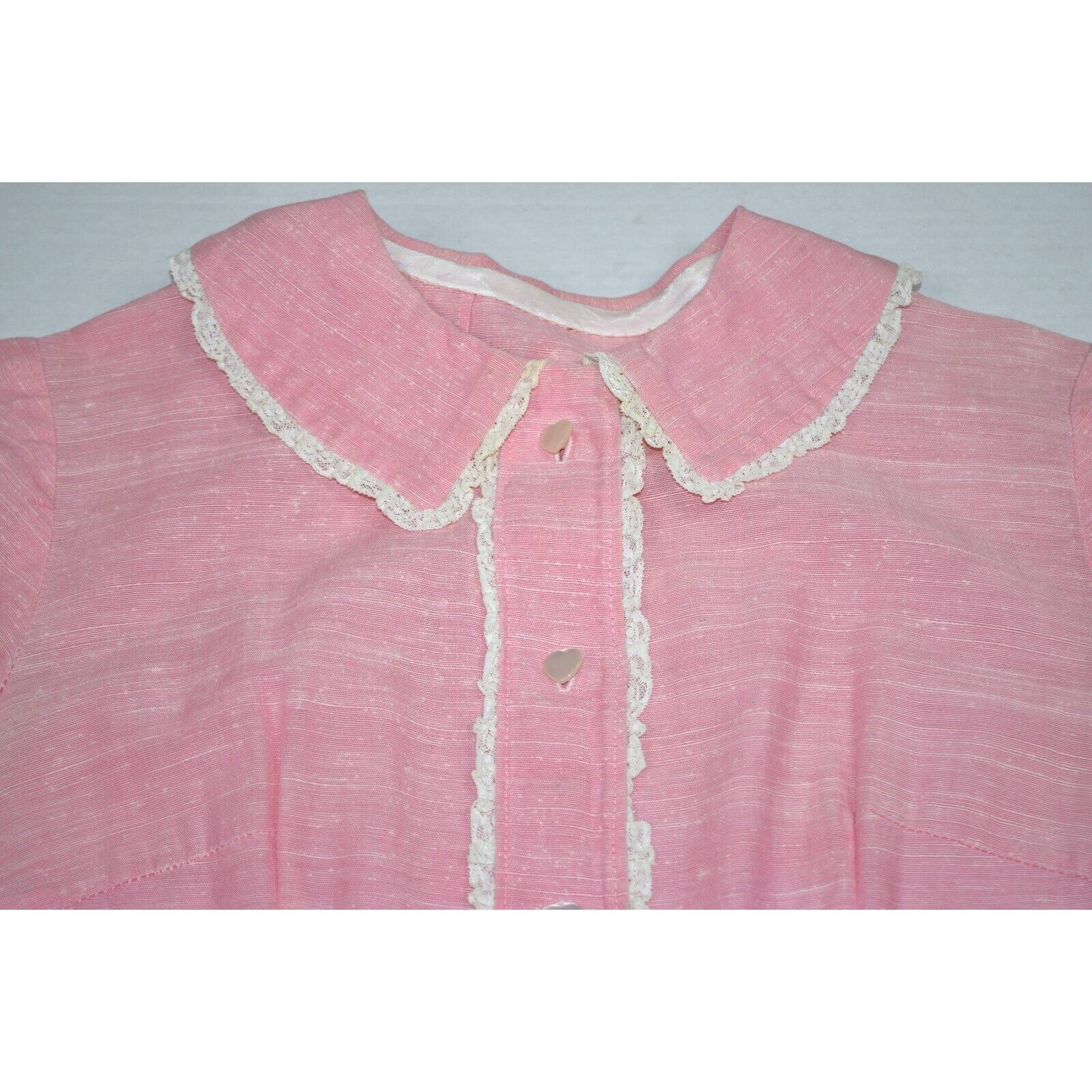Vintage Midi Dress Size S/M 50s Cotton Candy Pink White Lace Trim Heart Buttons