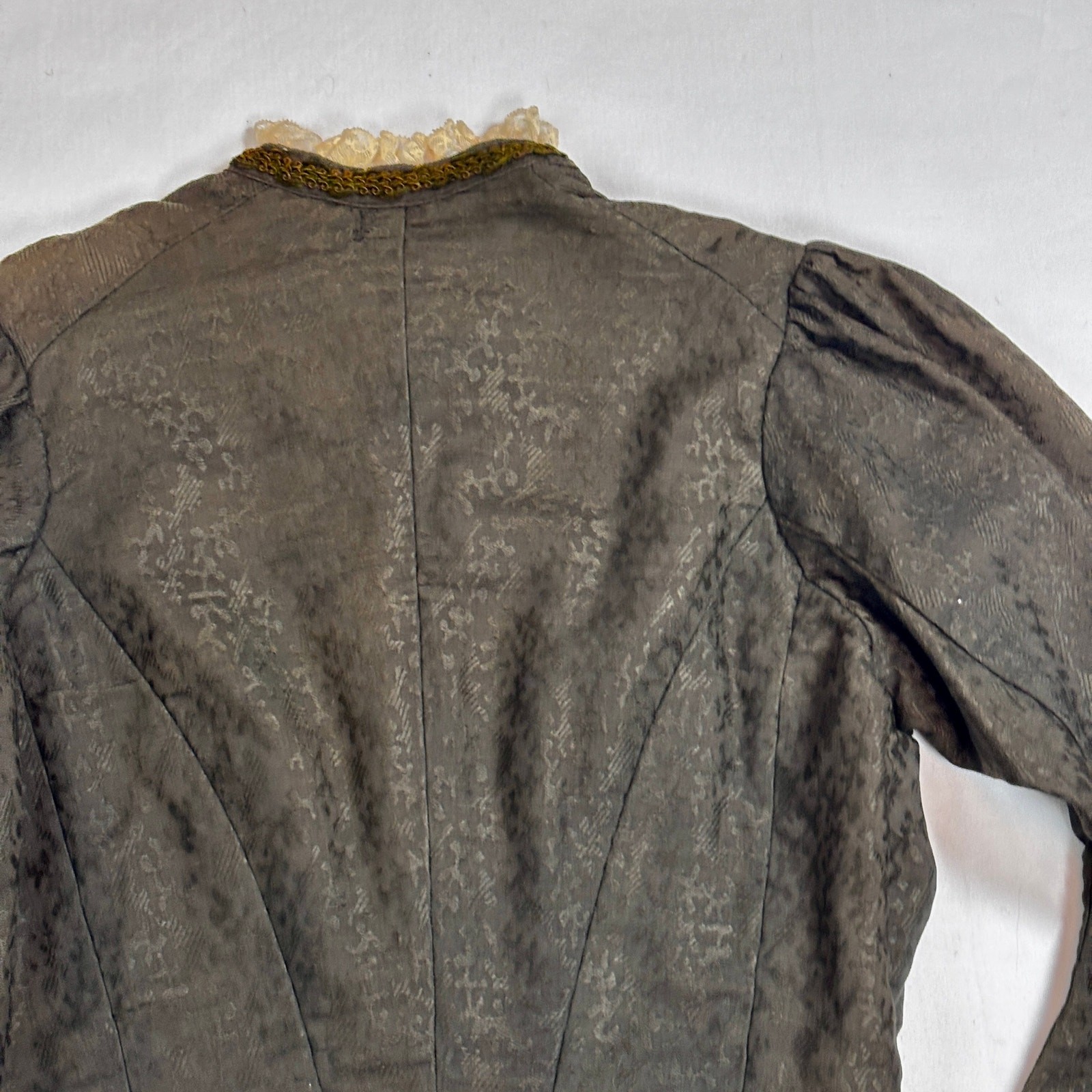 Antique Edwardian Moss Green Jacquard Wool Jacket Blouse Lace Floral Buttons