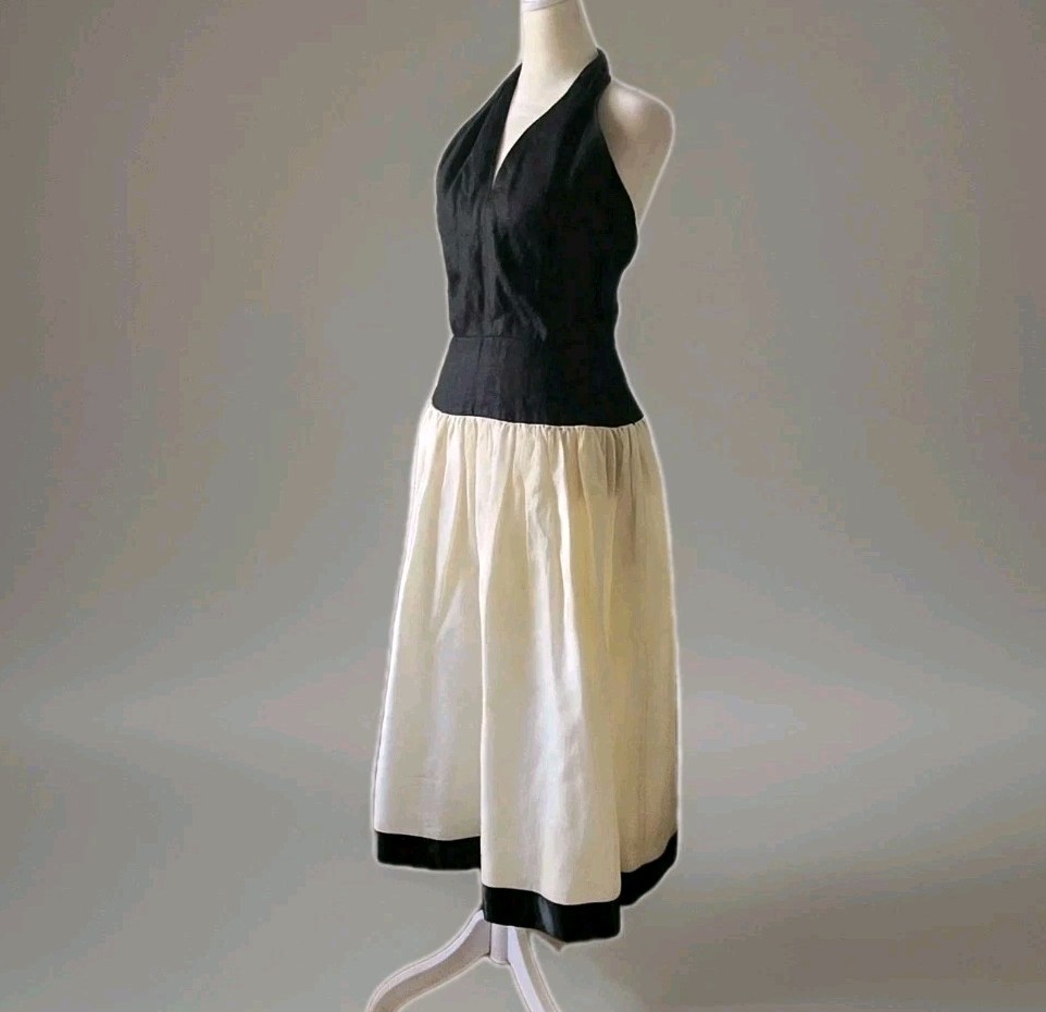 Vtg 50s Linen & Silk Halter Dress, Black/Cream, Party, Wedding Guest, Pinup, Xs